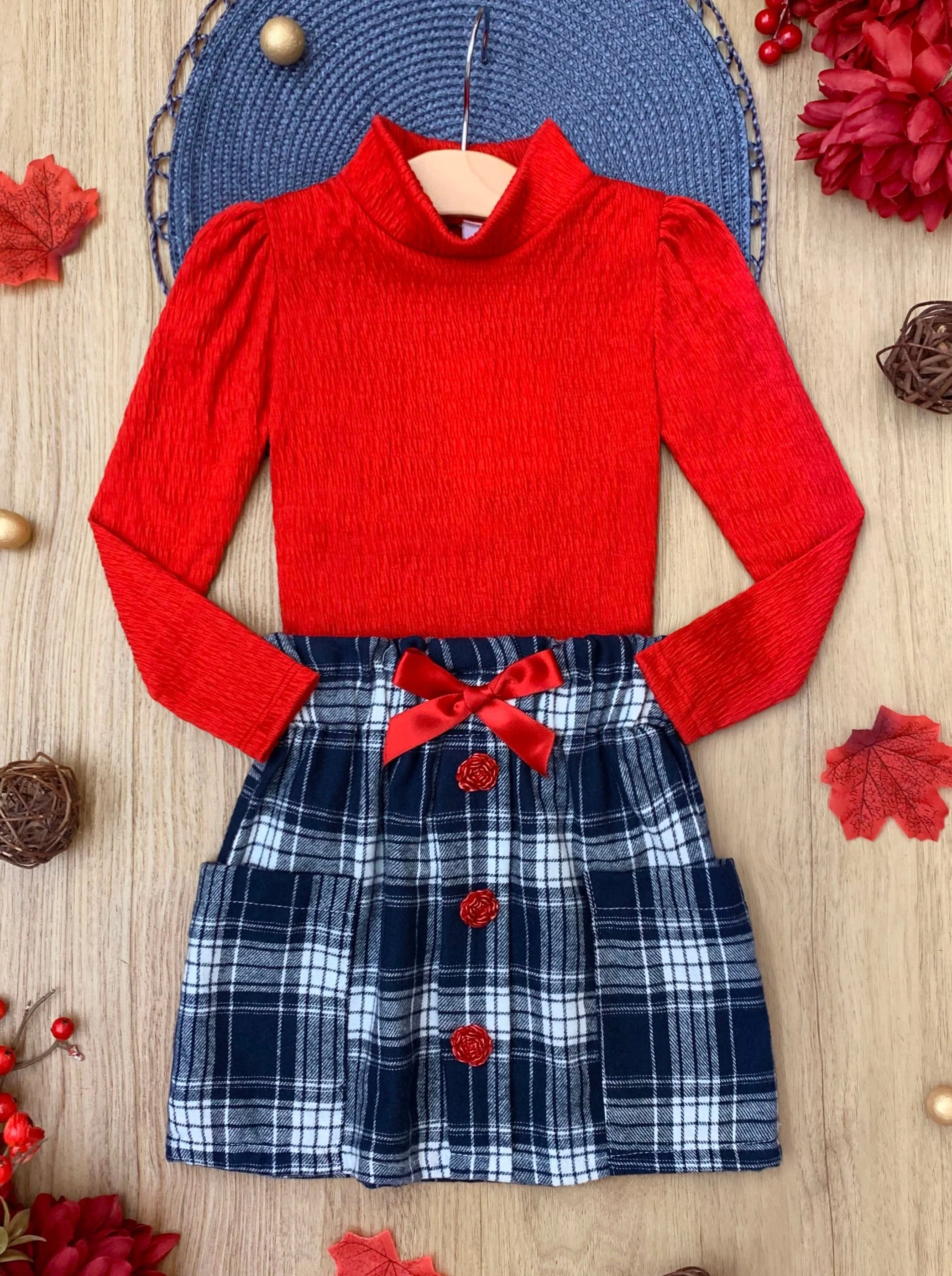 Playful Patches Red Turtleneck Top and Plaid Skirt Set - Image 3