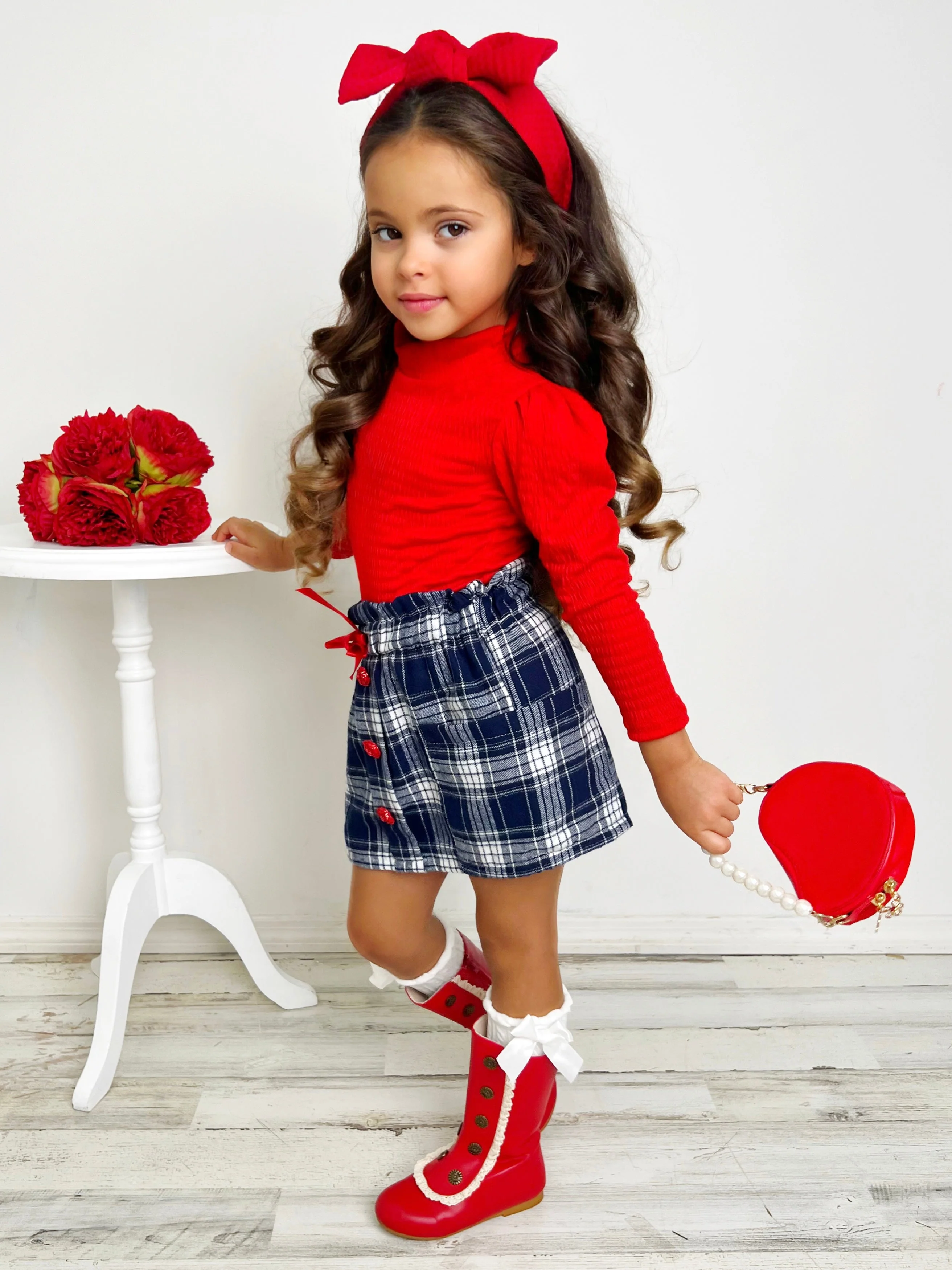 Playful Patches Red Turtleneck Top and Plaid Skirt Set - Image 4