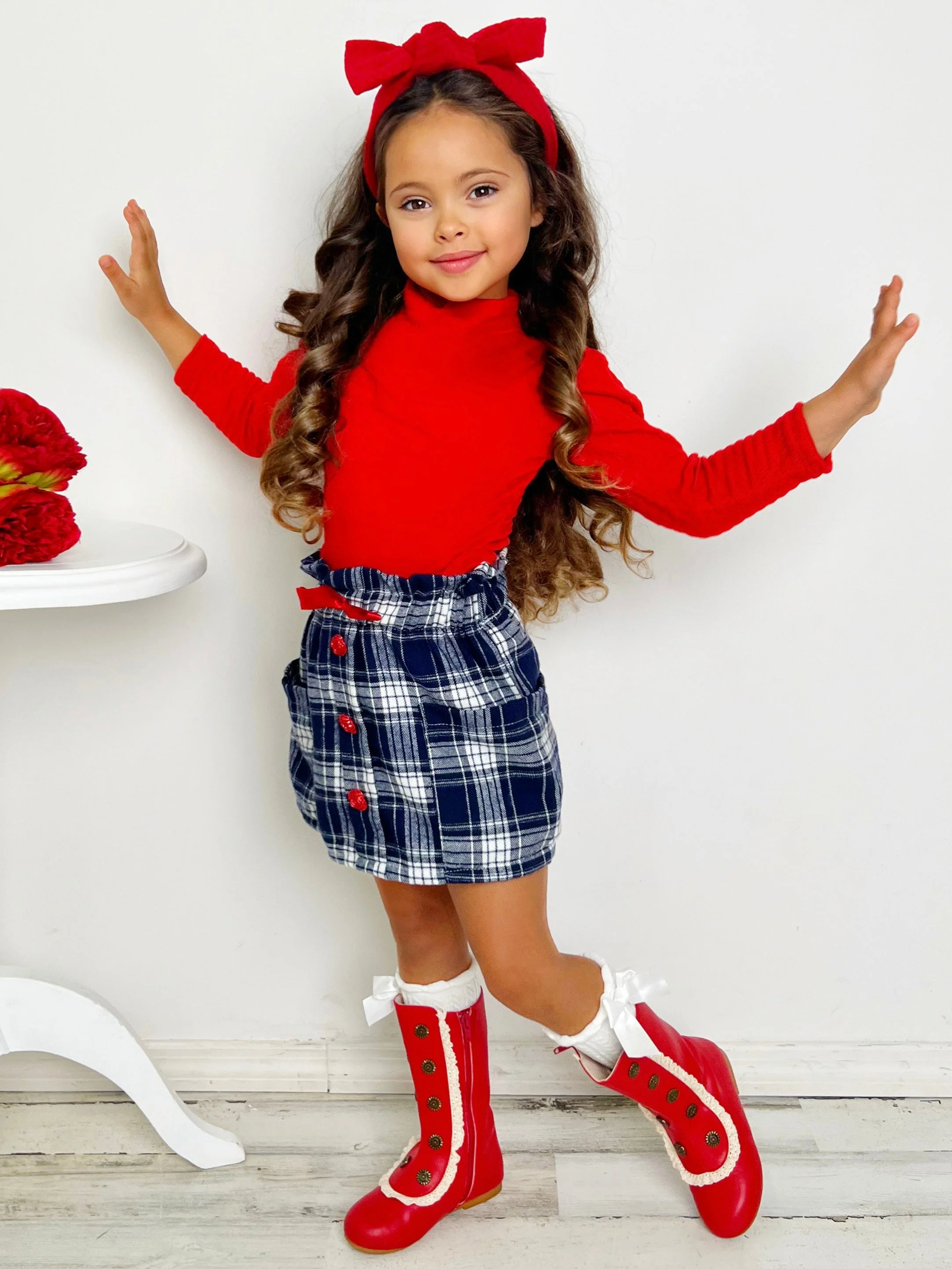 Playful Patches Red Turtleneck Top and Plaid Skirt Set - Image 5