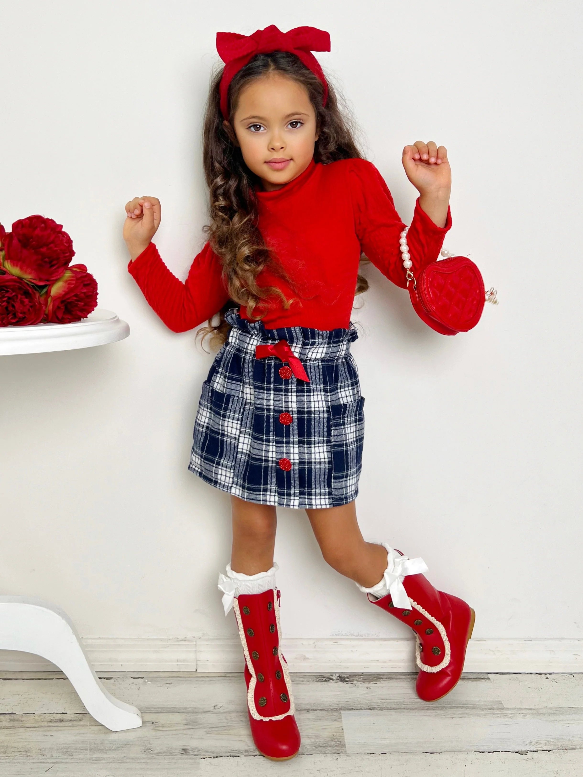 Playful Patches Red Turtleneck Top and Plaid Skirt Set - Image 6