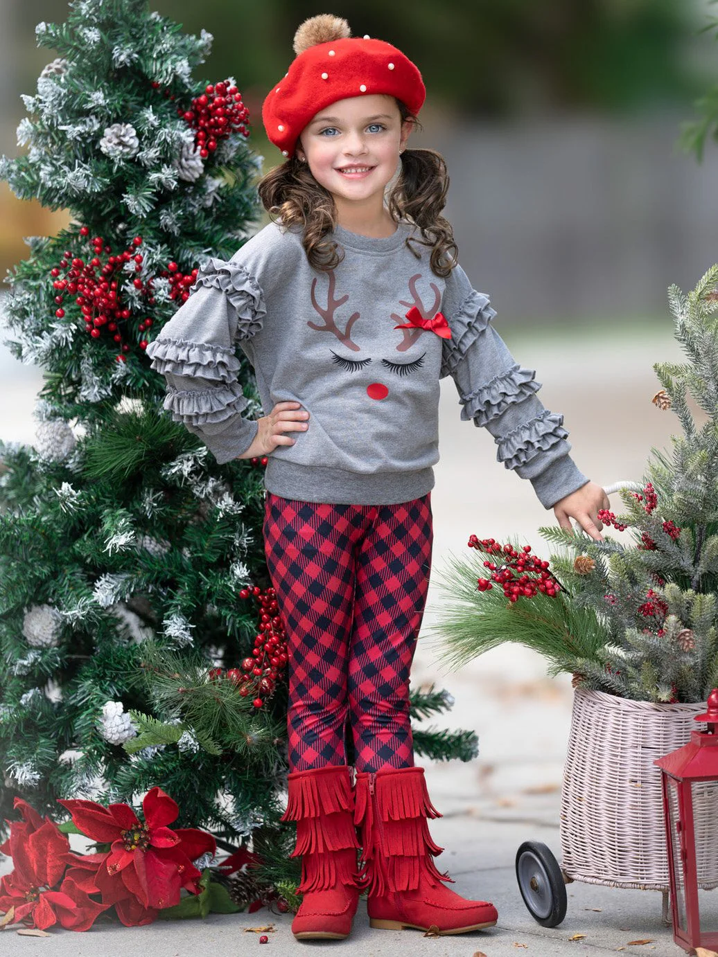 Reindeer Delight Ruffle Top and Buffalo Plaid Legging Set - Image 2