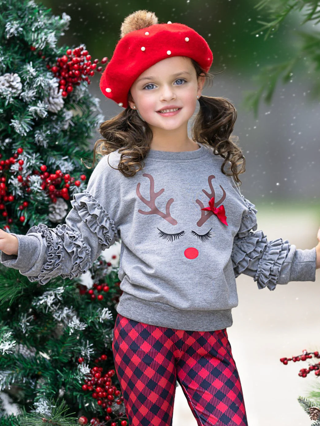 Reindeer Delight Ruffle Top and Buffalo Plaid Legging Set - Image 3