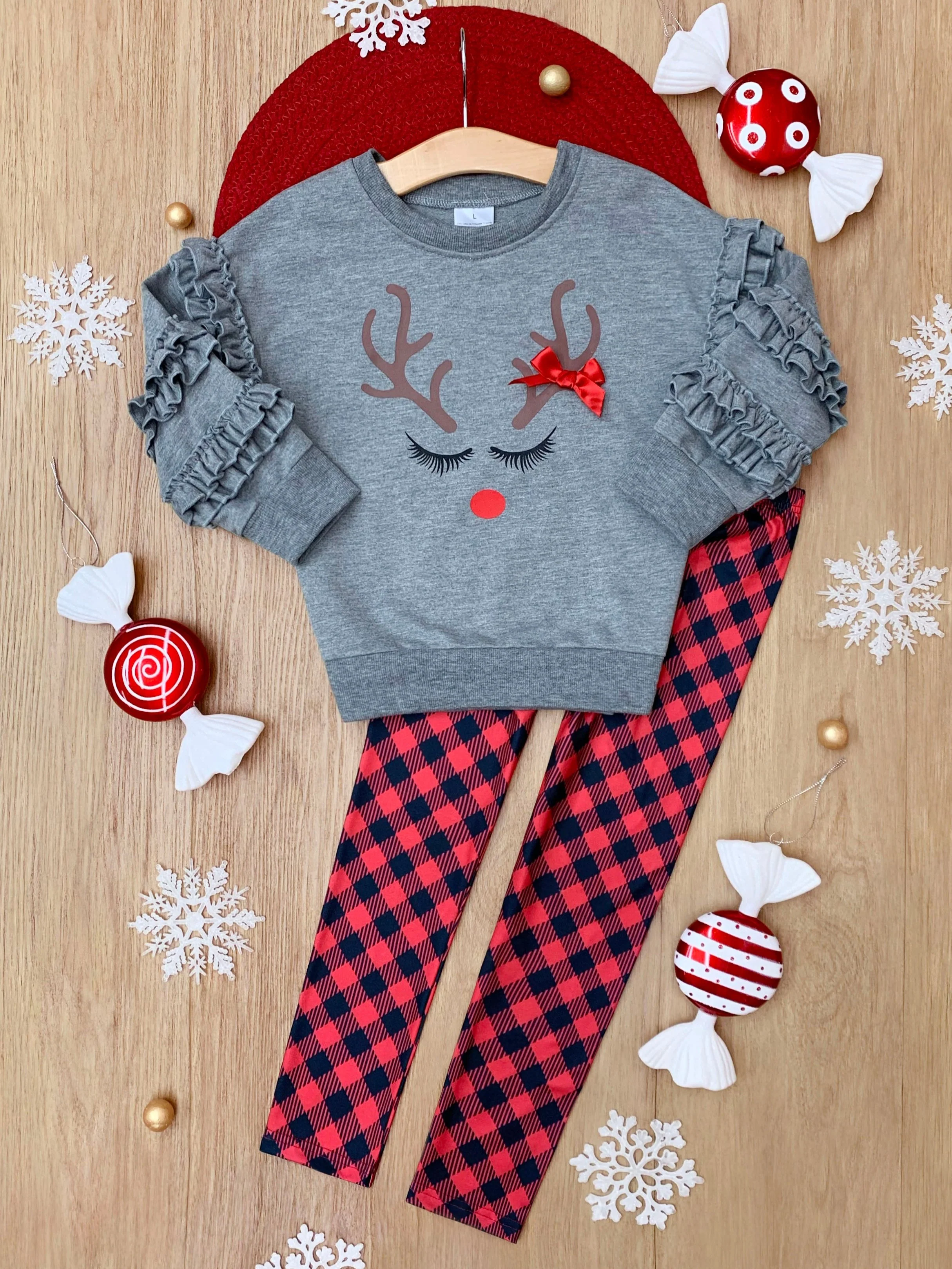 Reindeer Delight Ruffle Top and Buffalo Plaid Legging Set - Image 5