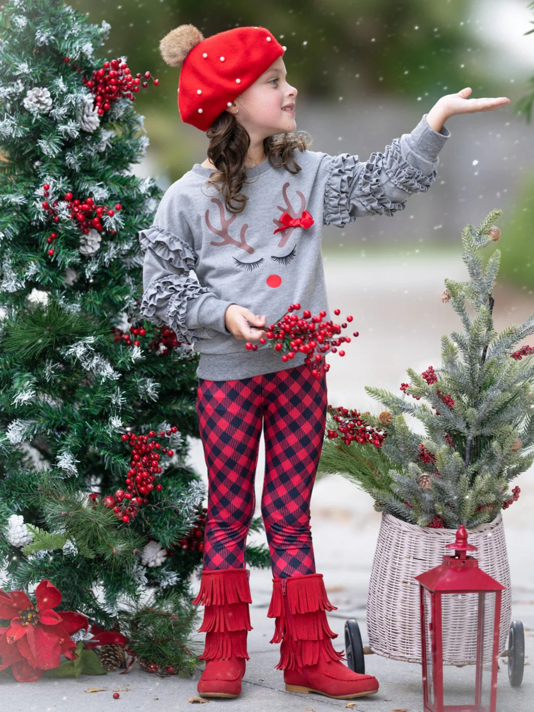 Reindeer Delight Ruffle Top and Buffalo Plaid Legging Set - Image 6