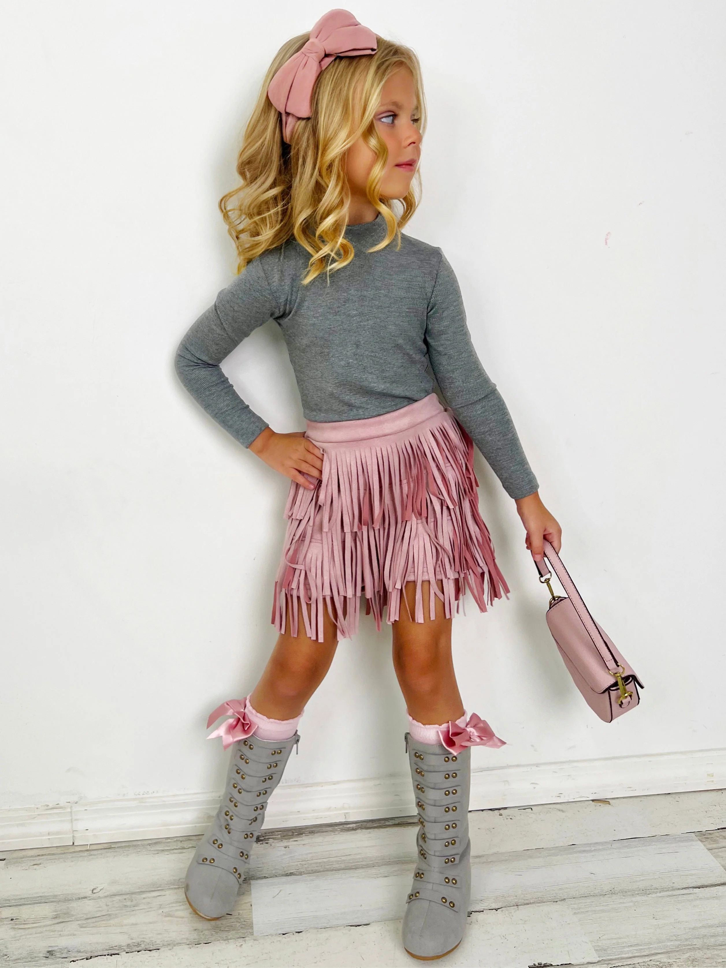 Boho Glam Pink Fringe Suede Shorts Set - Image 2