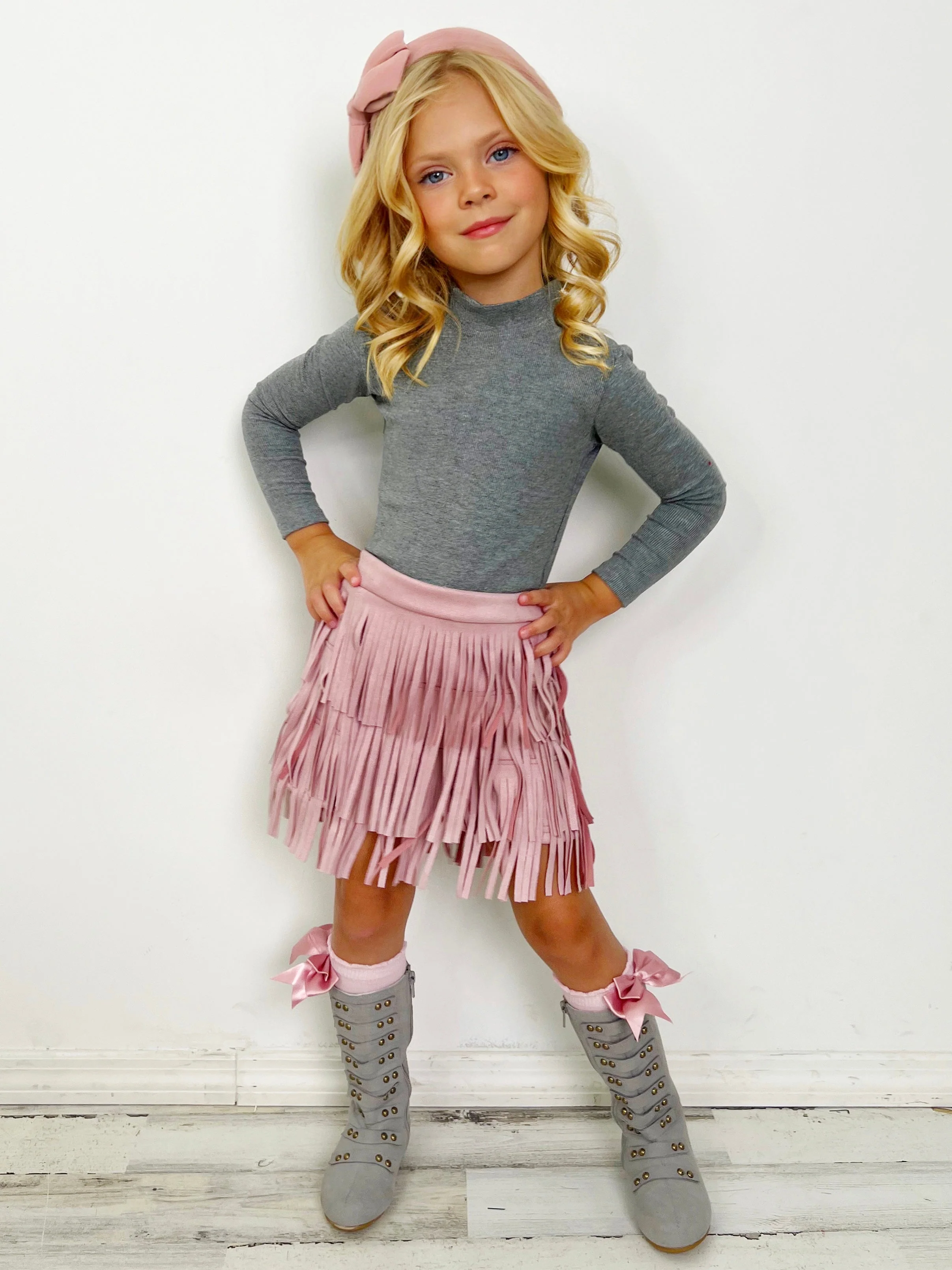 Boho Glam Pink Fringe Suede Shorts Set - Image 6
