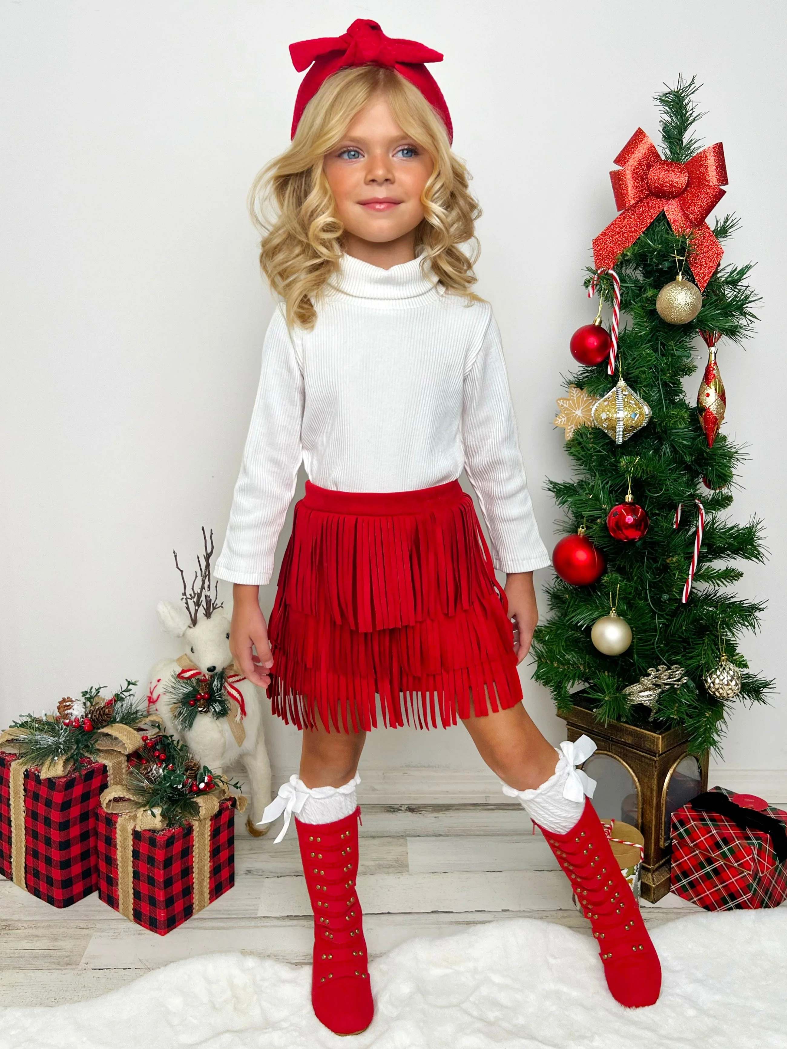 Fringe and Fabulous Rib Knit Turtleneck and Red Fringe Skirt Set - Image 2