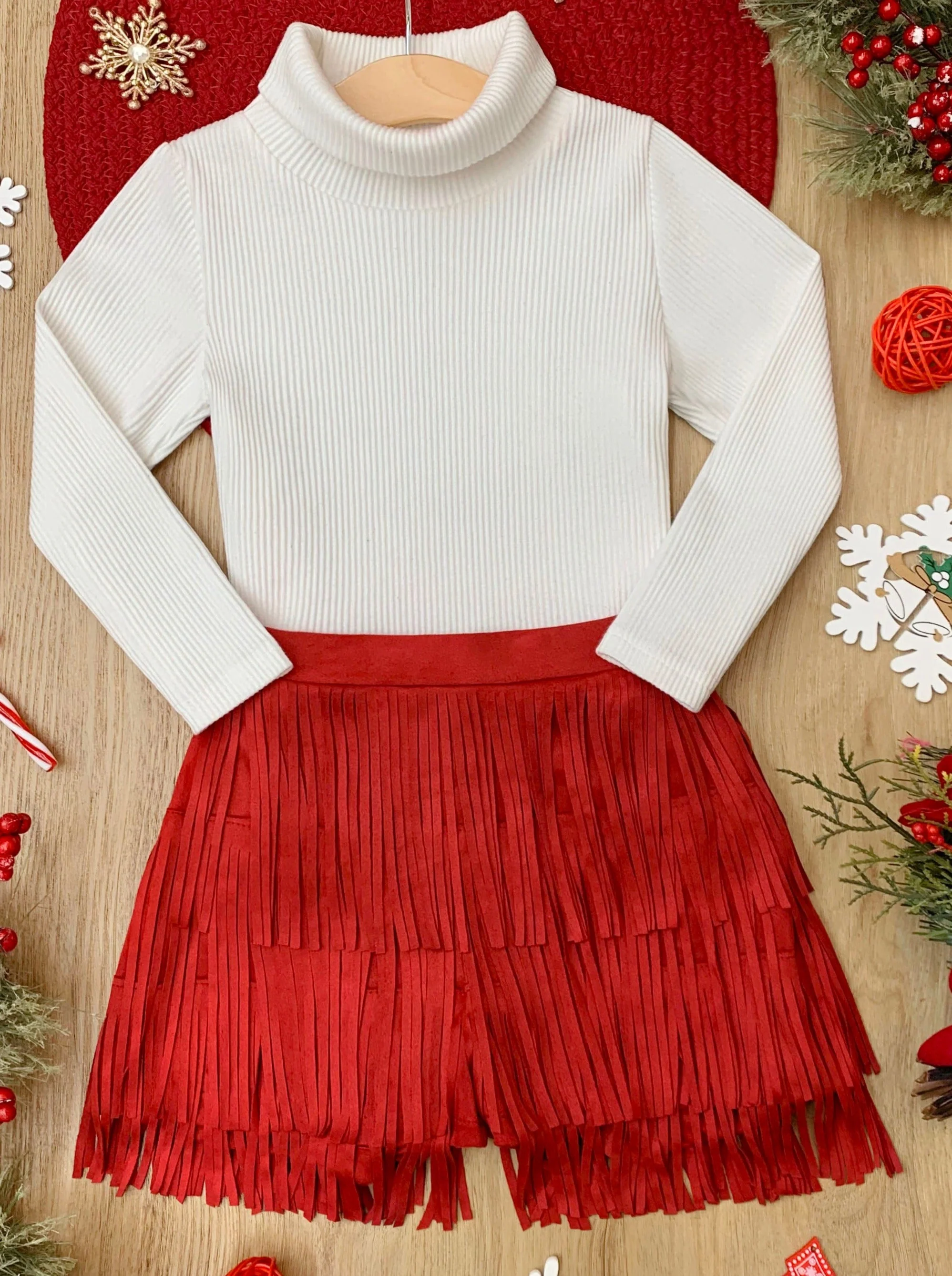Fringe and Fabulous Rib Knit Turtleneck and Red Fringe Skirt Set - Image 5