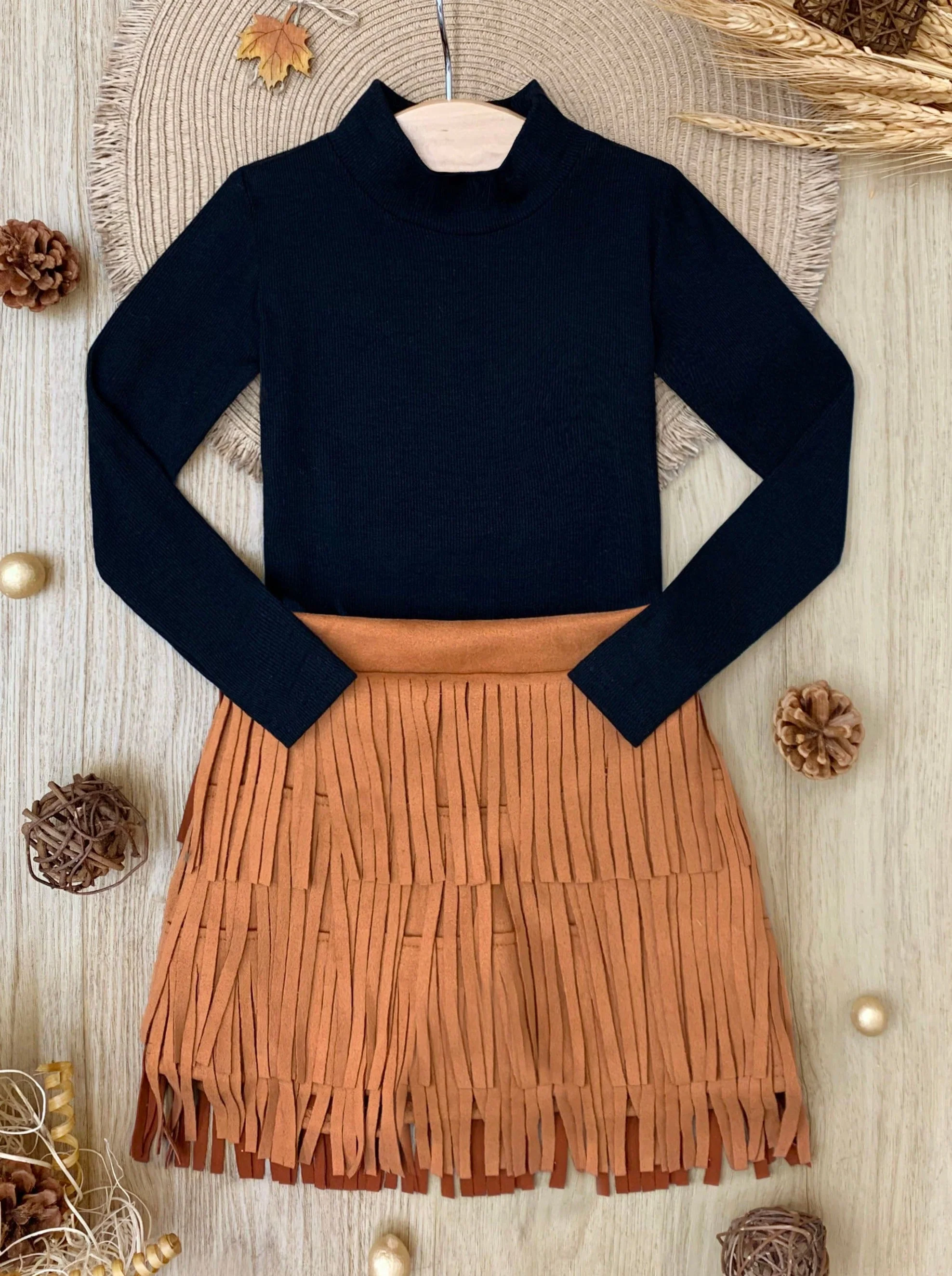 Boho Glam Rib Knit Top and Tan Fringe Suede Shorts - Image 3