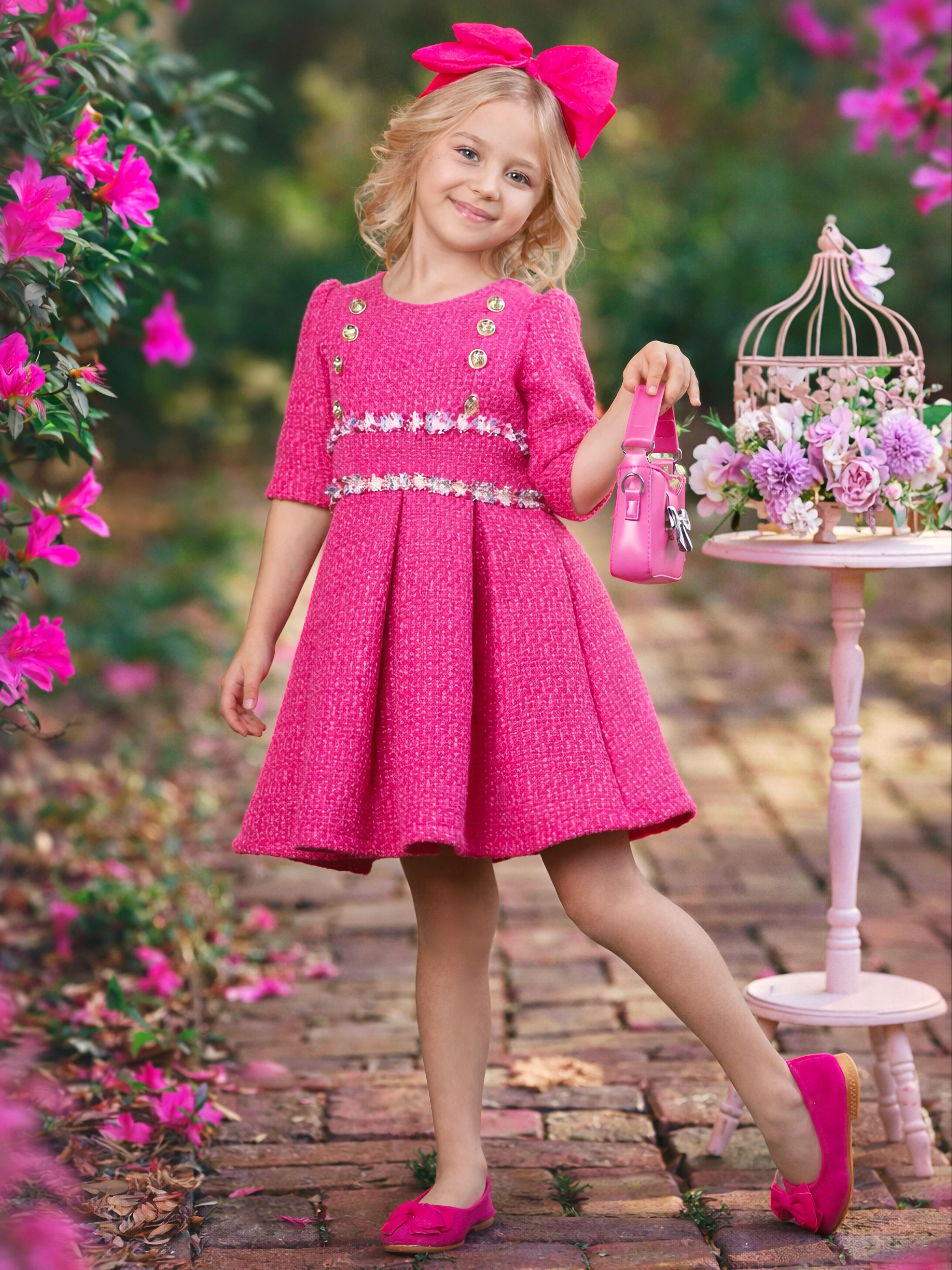 Petal Pink Tweed Spring Party Dress - Image 5