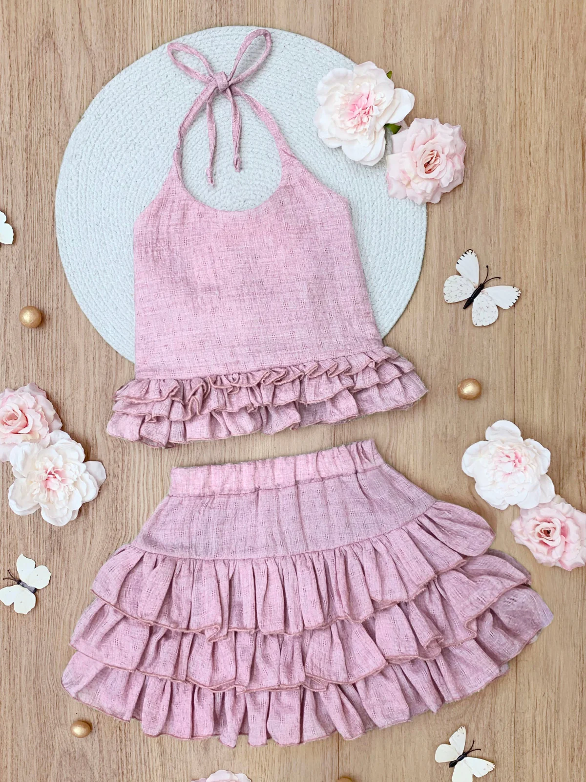 Rosewood Linen Ruffle Halter Top and Skirt Set - Image 3