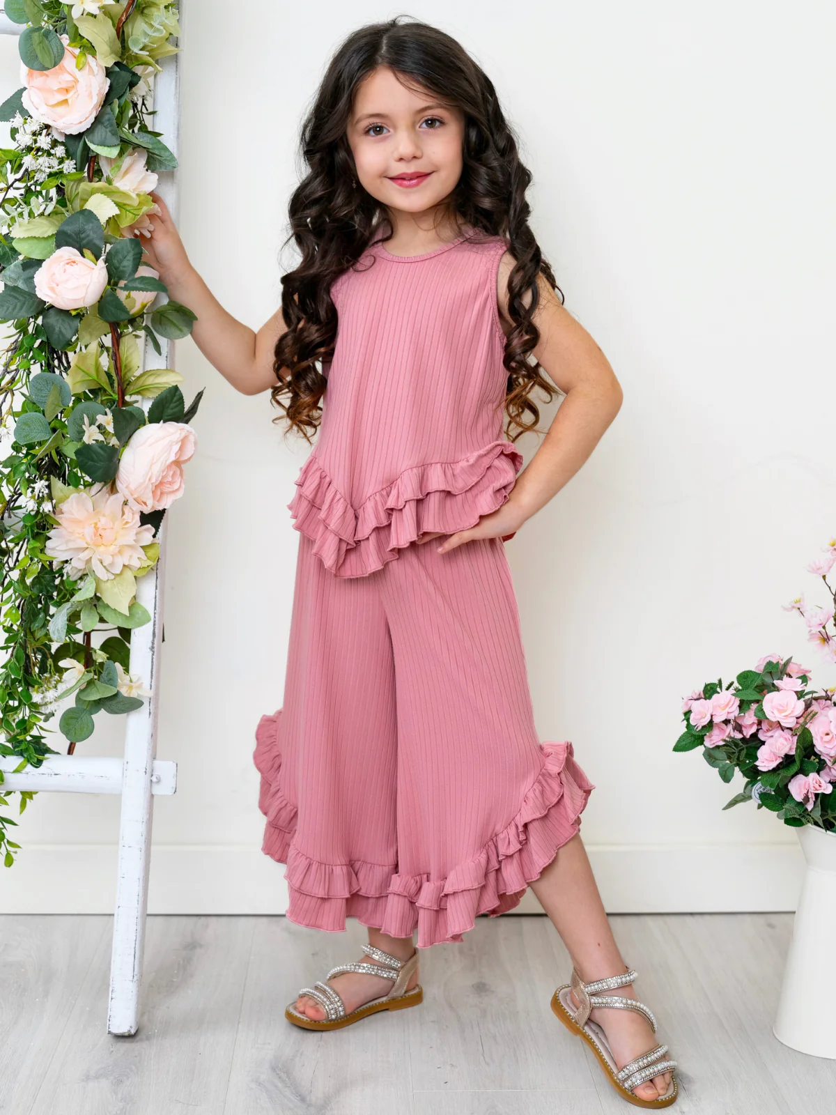 Rosewood Ribbed Ruffle Tank and Pants Set - Image 4