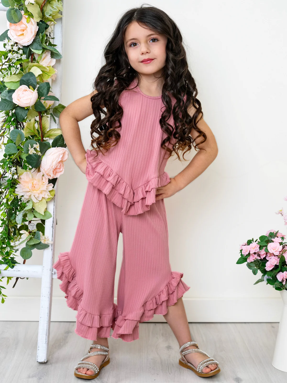 Rosewood Ribbed Ruffle Tank and Pants Set - Image 5