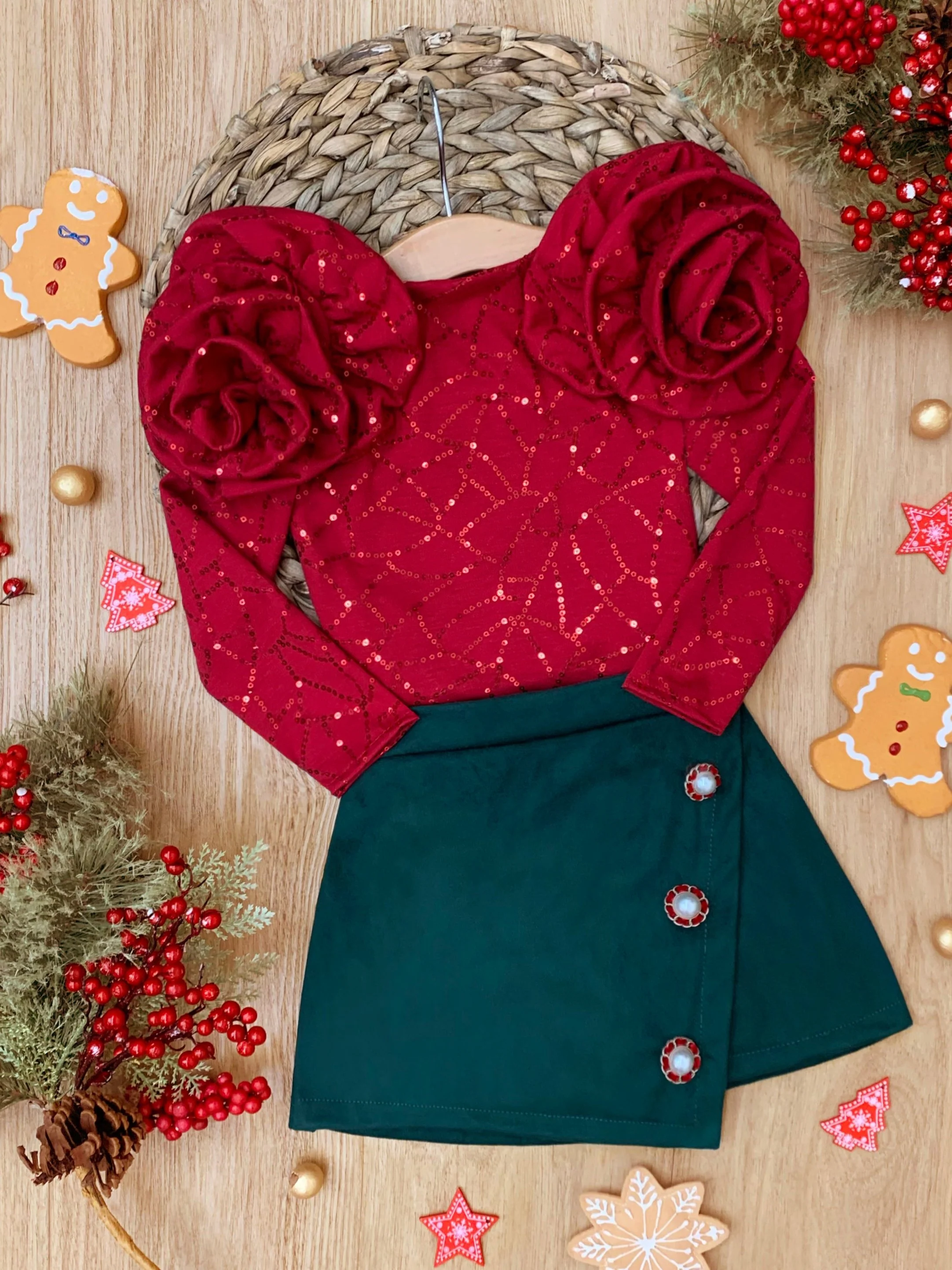 Rosy Daydream Rosette Shoulder Top and Faux Suede Skort Set - Image 3