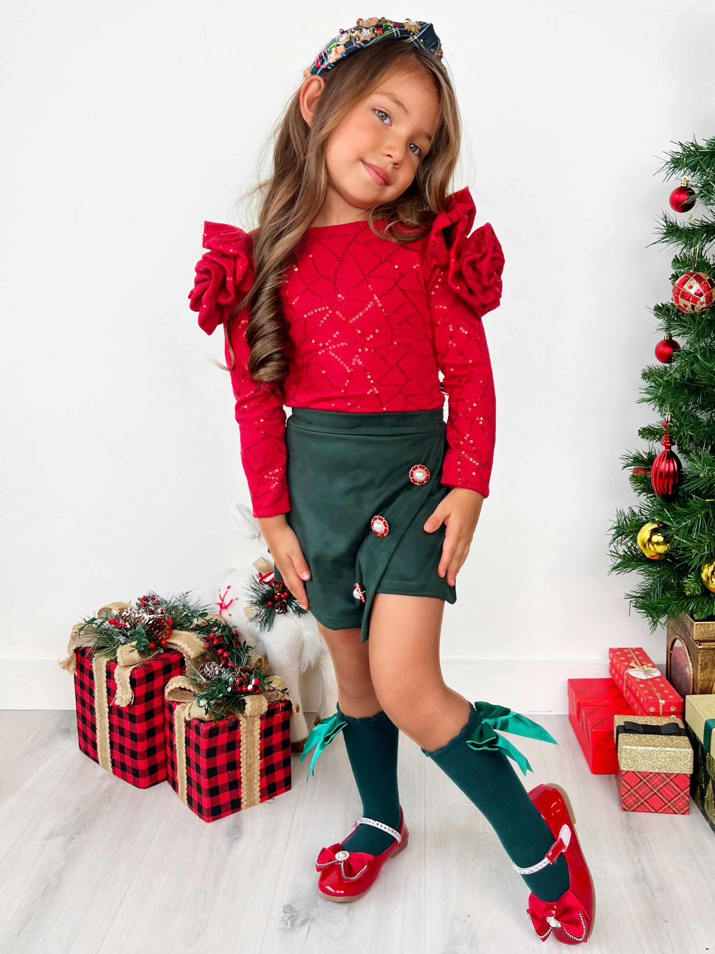 Rosy Daydream Rosette Shoulder Top and Faux Suede Skort Set - Image 5
