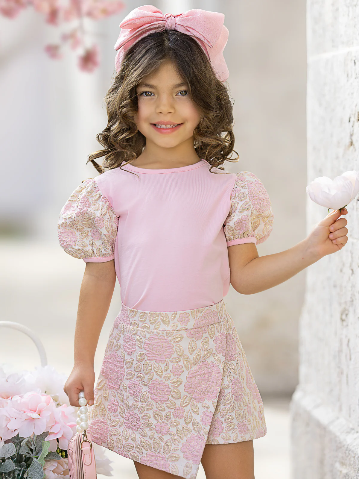 Shimmer in Spring Puff Sleeve Top & Metallic Floral Skort Set - Image 2