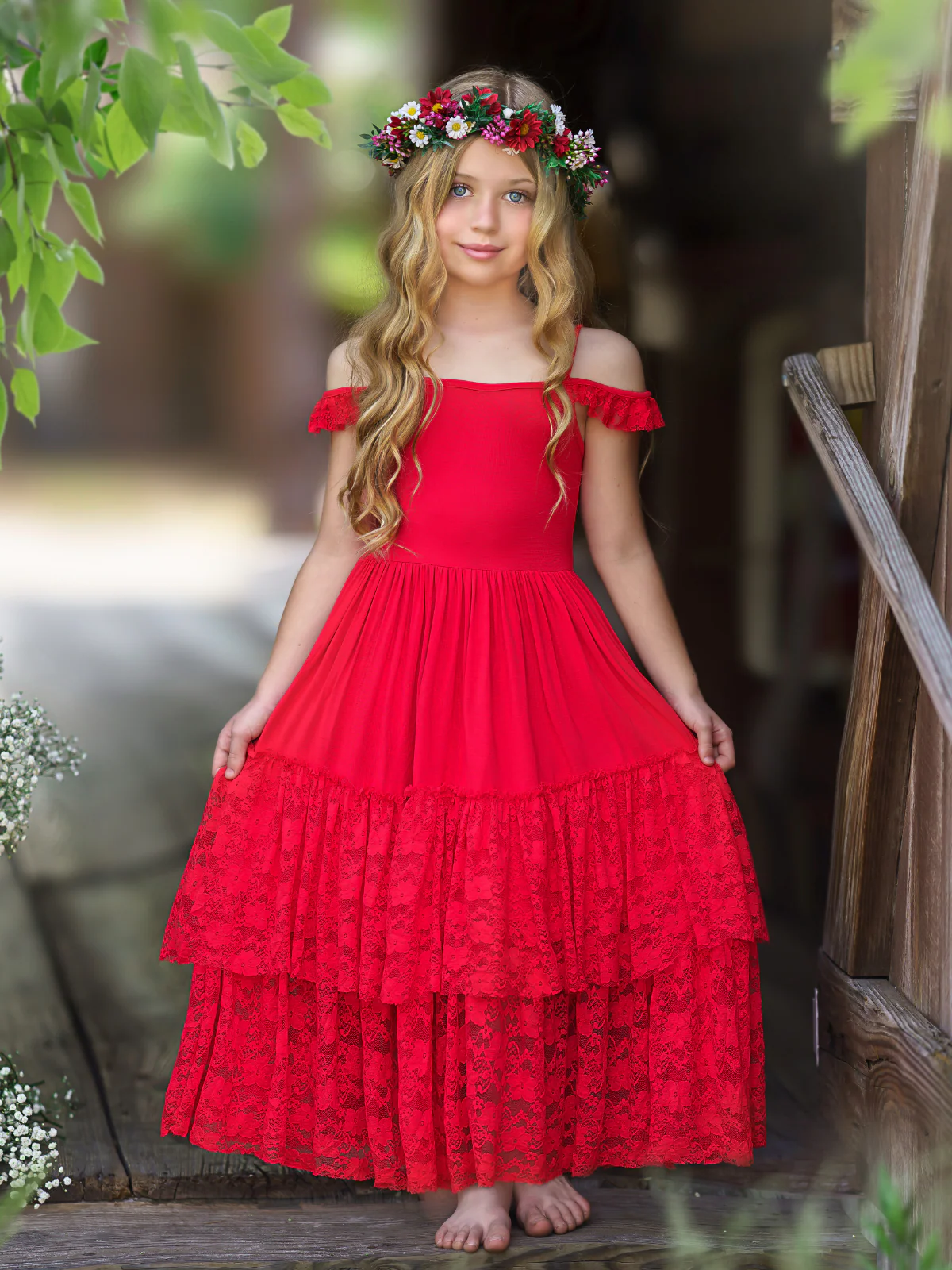 Ruby Red Tiered Lace Ruffle Maxi Dress - Image 2