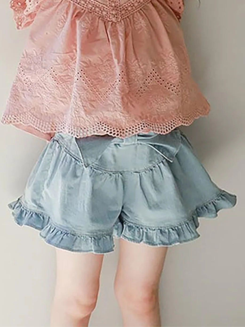 Ruffle Hem Bow Soft Denim Shorts - Image 2