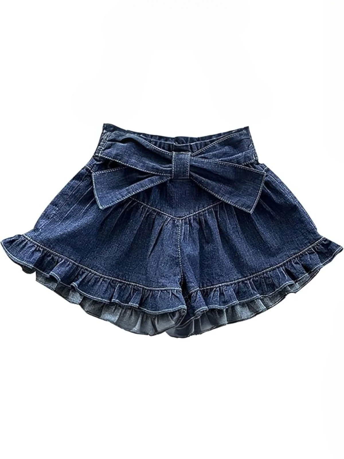 Ruffle Hem Bow Soft Denim Shorts - Image 3