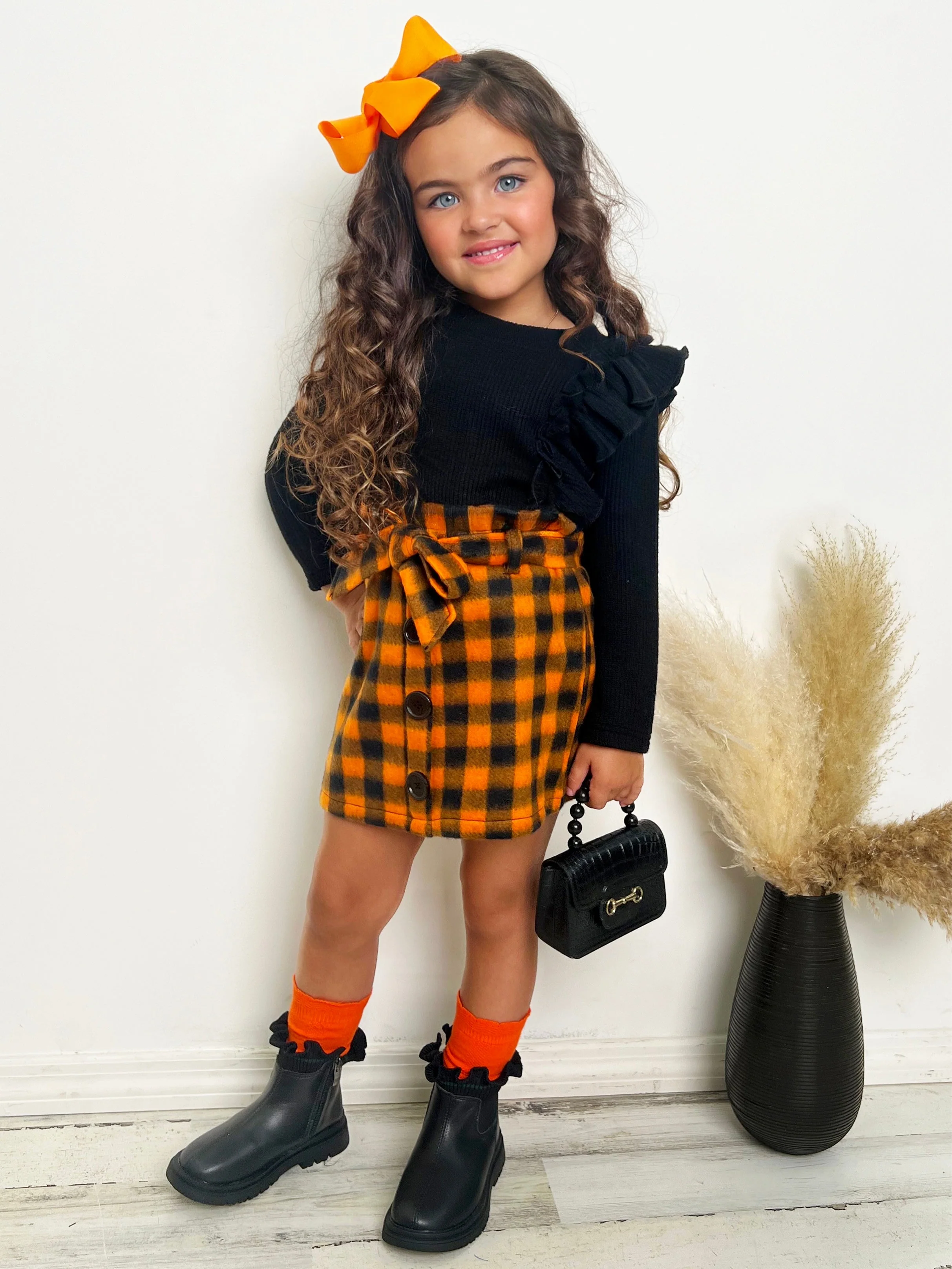 Feels Like Fall Ruffled Top and Checkered Skirt Set - Image 3