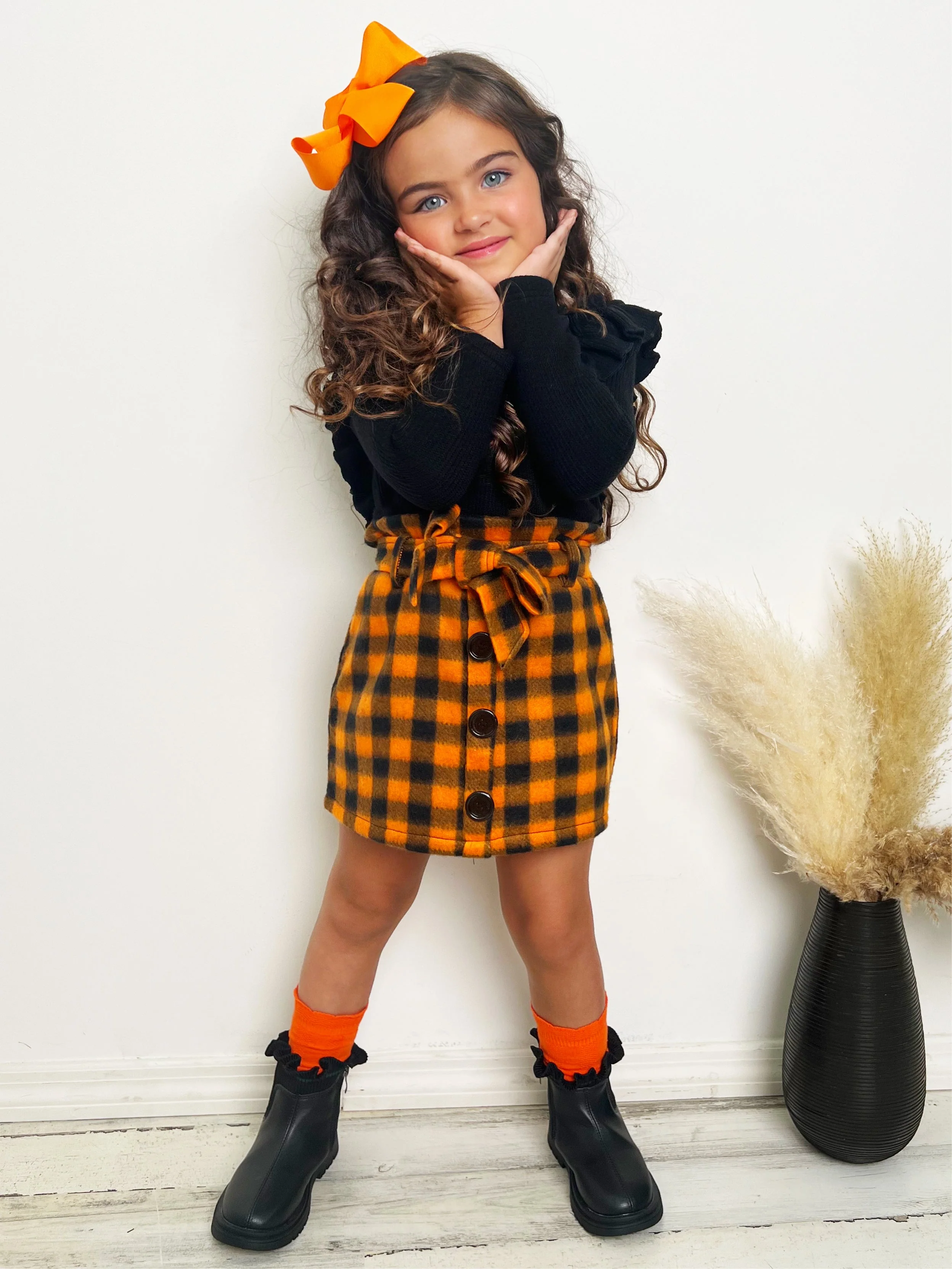 Feels Like Fall Ruffled Top and Checkered Skirt Set - Image 4