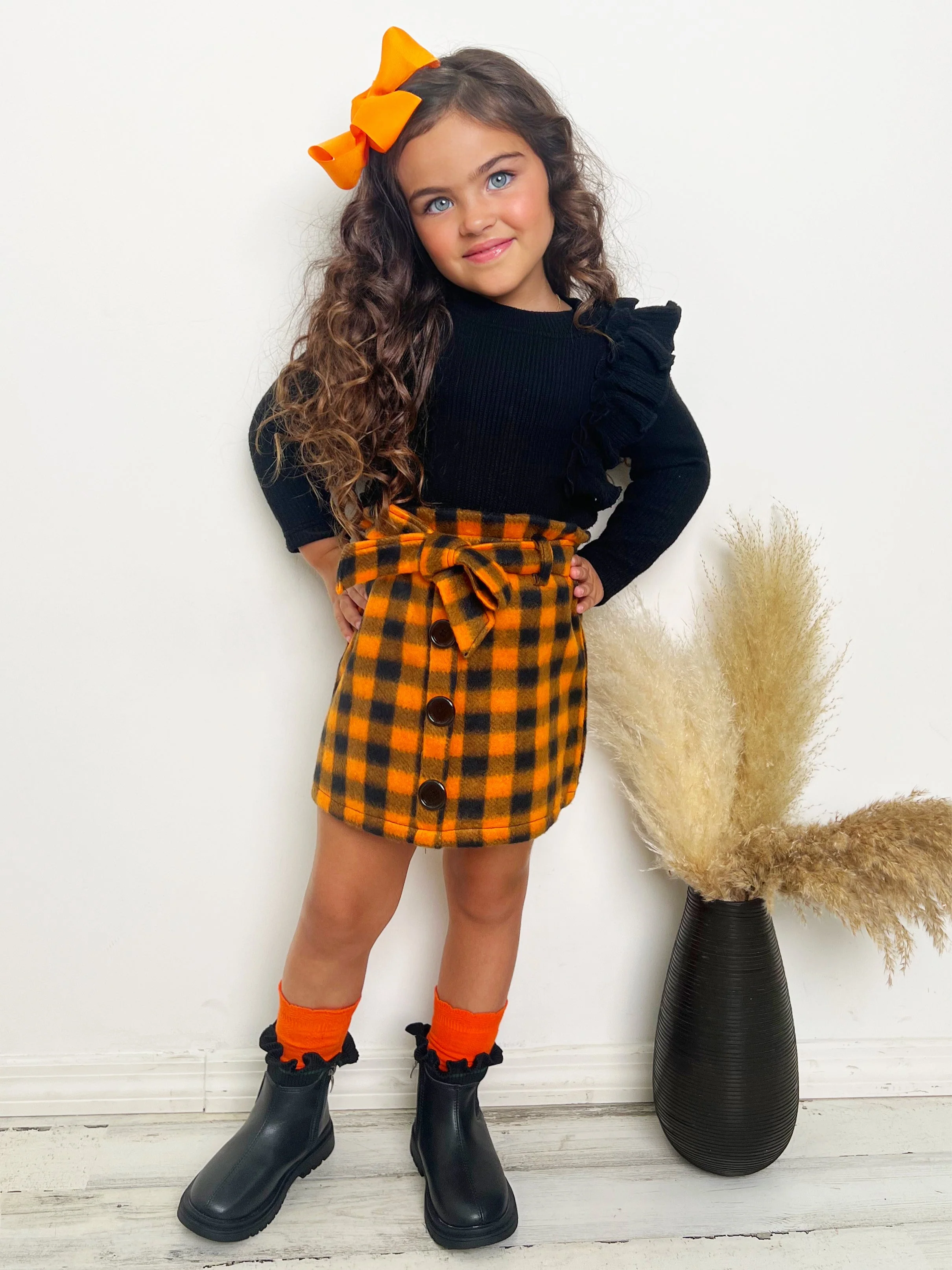 Feels Like Fall Ruffled Top and Checkered Skirt Set - Image 5