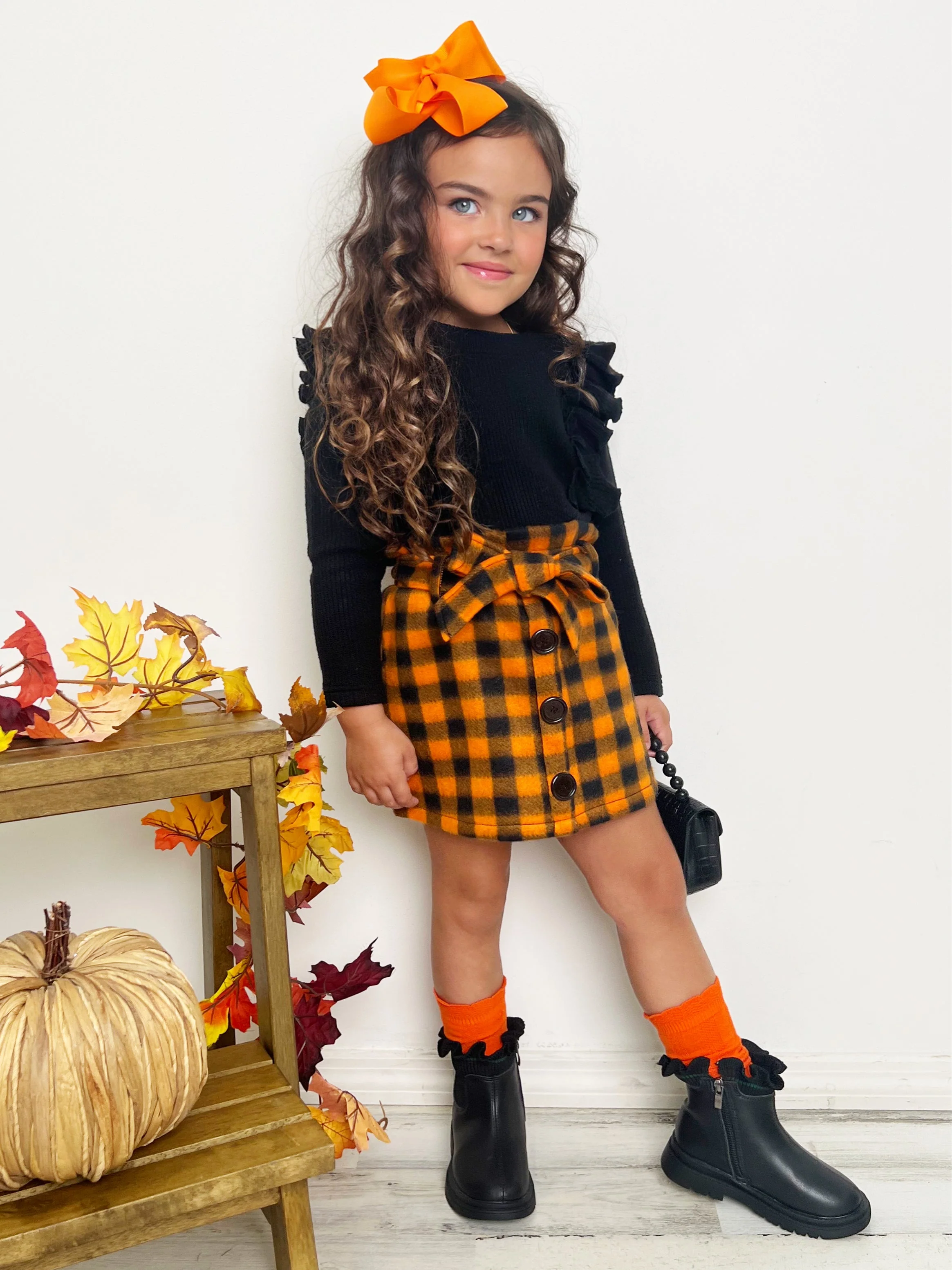 Feels Like Fall Ruffled Top and Checkered Skirt Set - Image 6