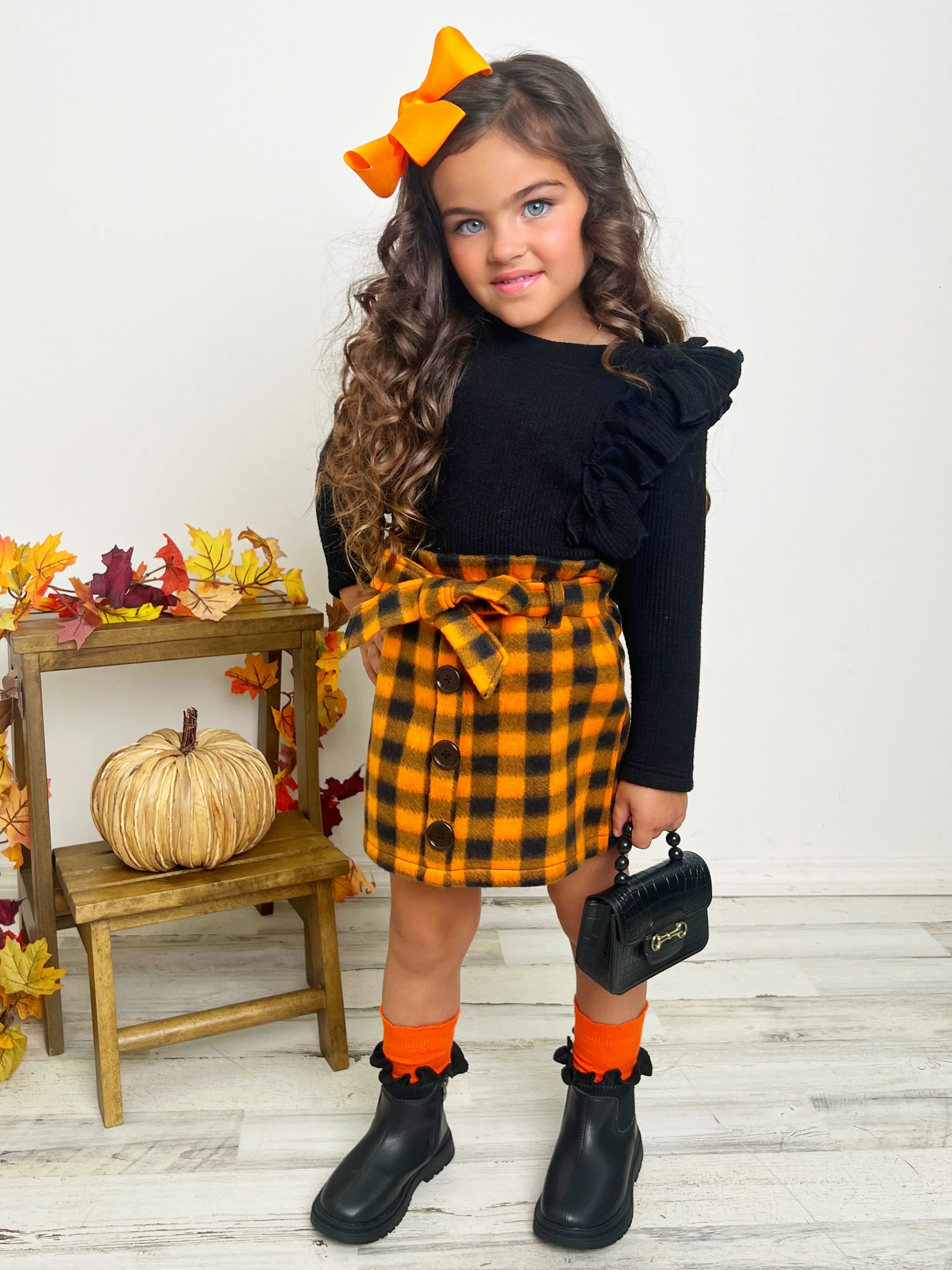 Feels Like Fall Ruffled Top and Checkered Skirt Set - Image 7