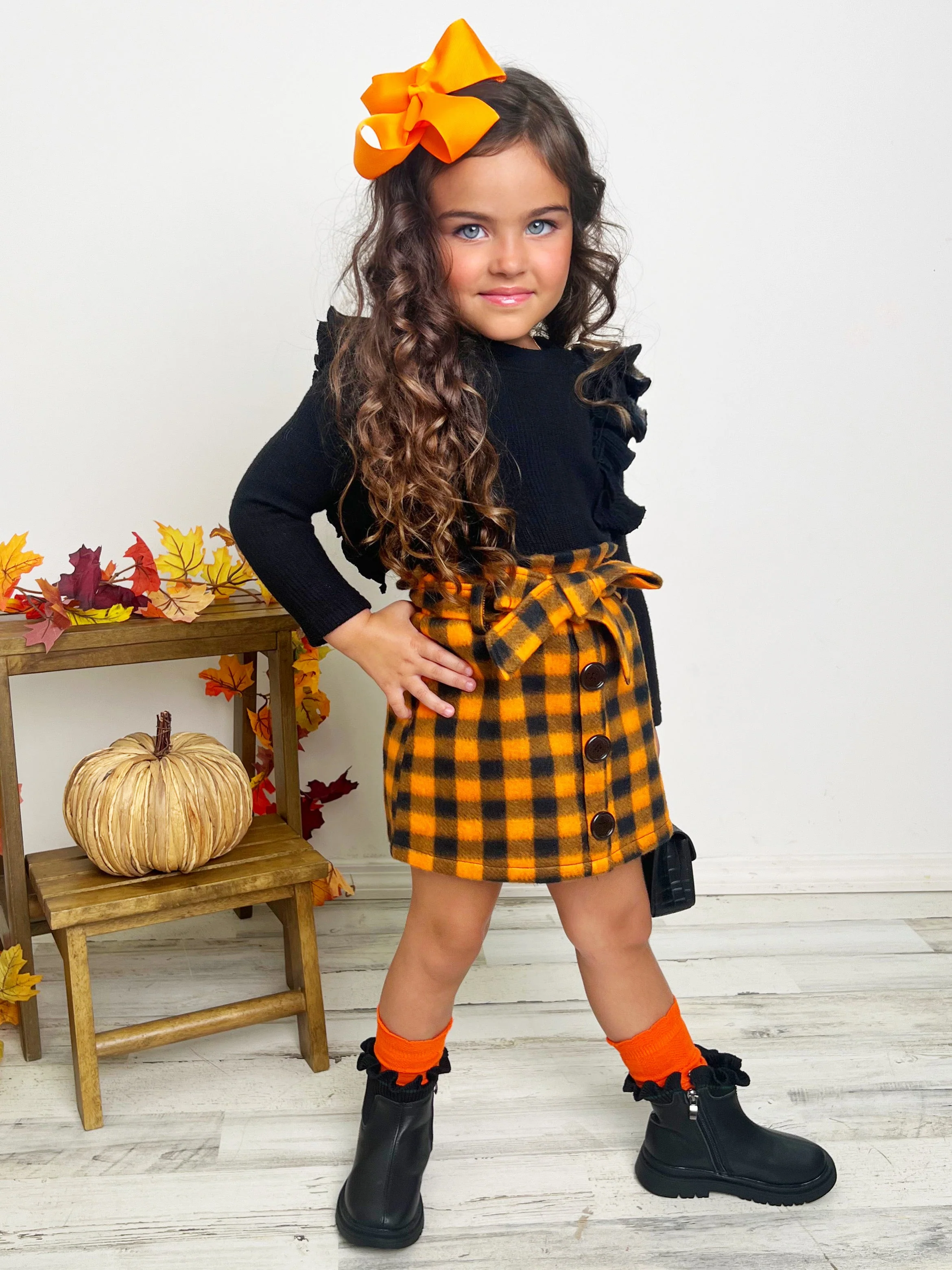 Feels Like Fall Ruffled Top and Checkered Skirt Set - Image 8