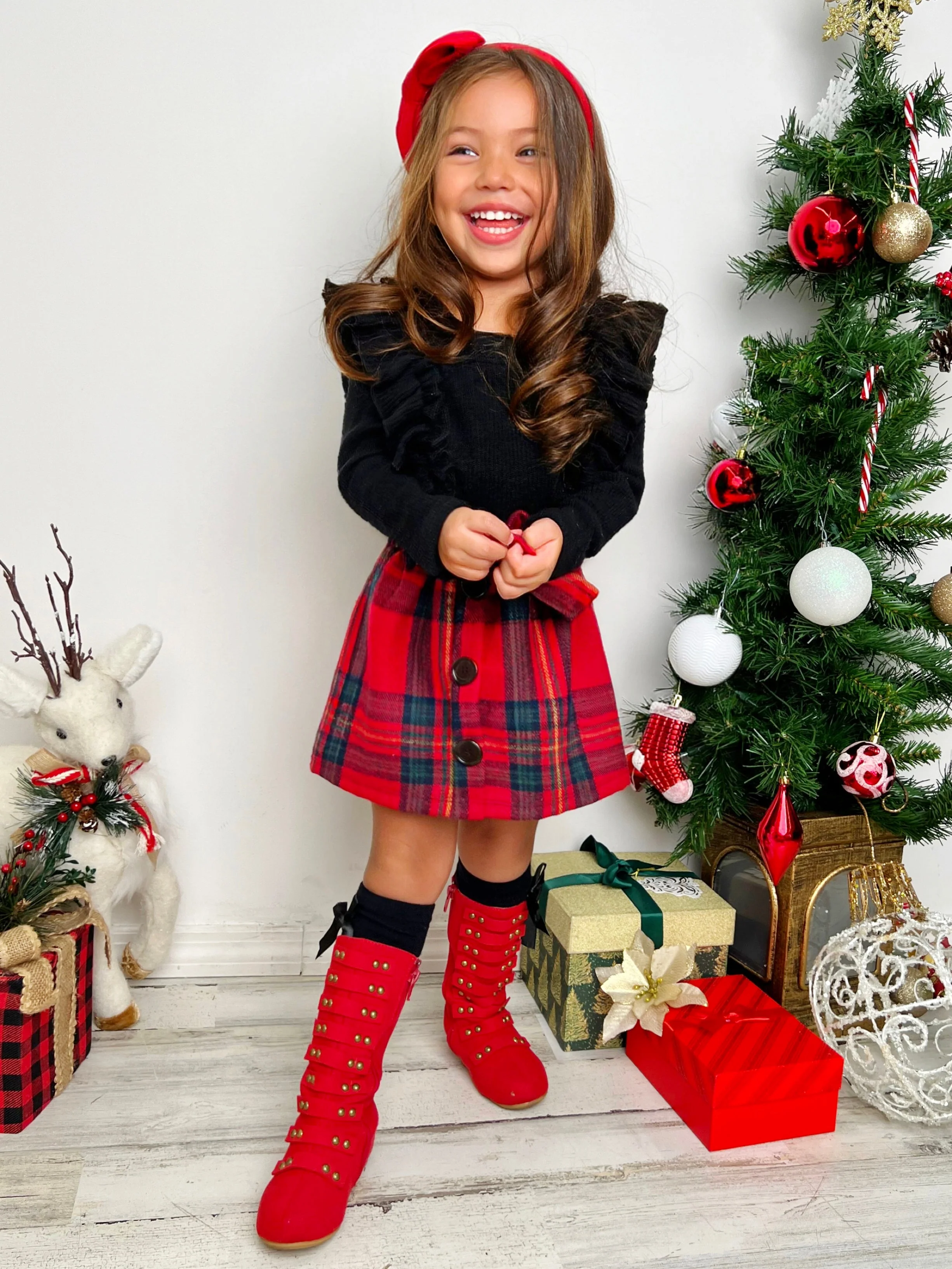 Feels Like Fall Ruffled Top and Plaid Skirt Set - Image 4