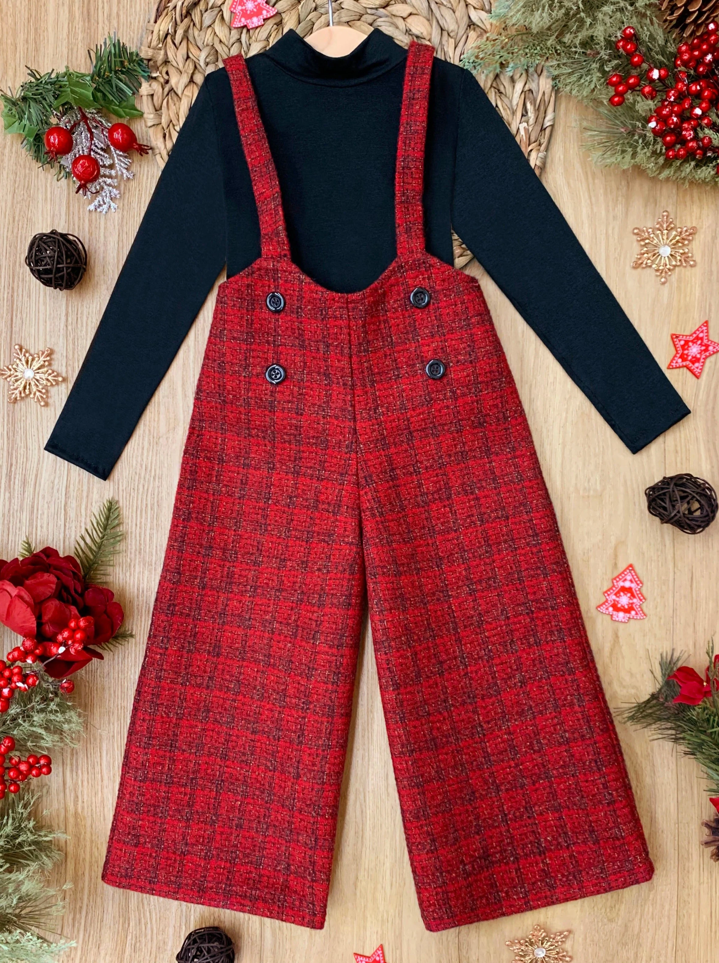 Cozy Couture Turtleneck Top and Flannel Overalls Set - Image 2