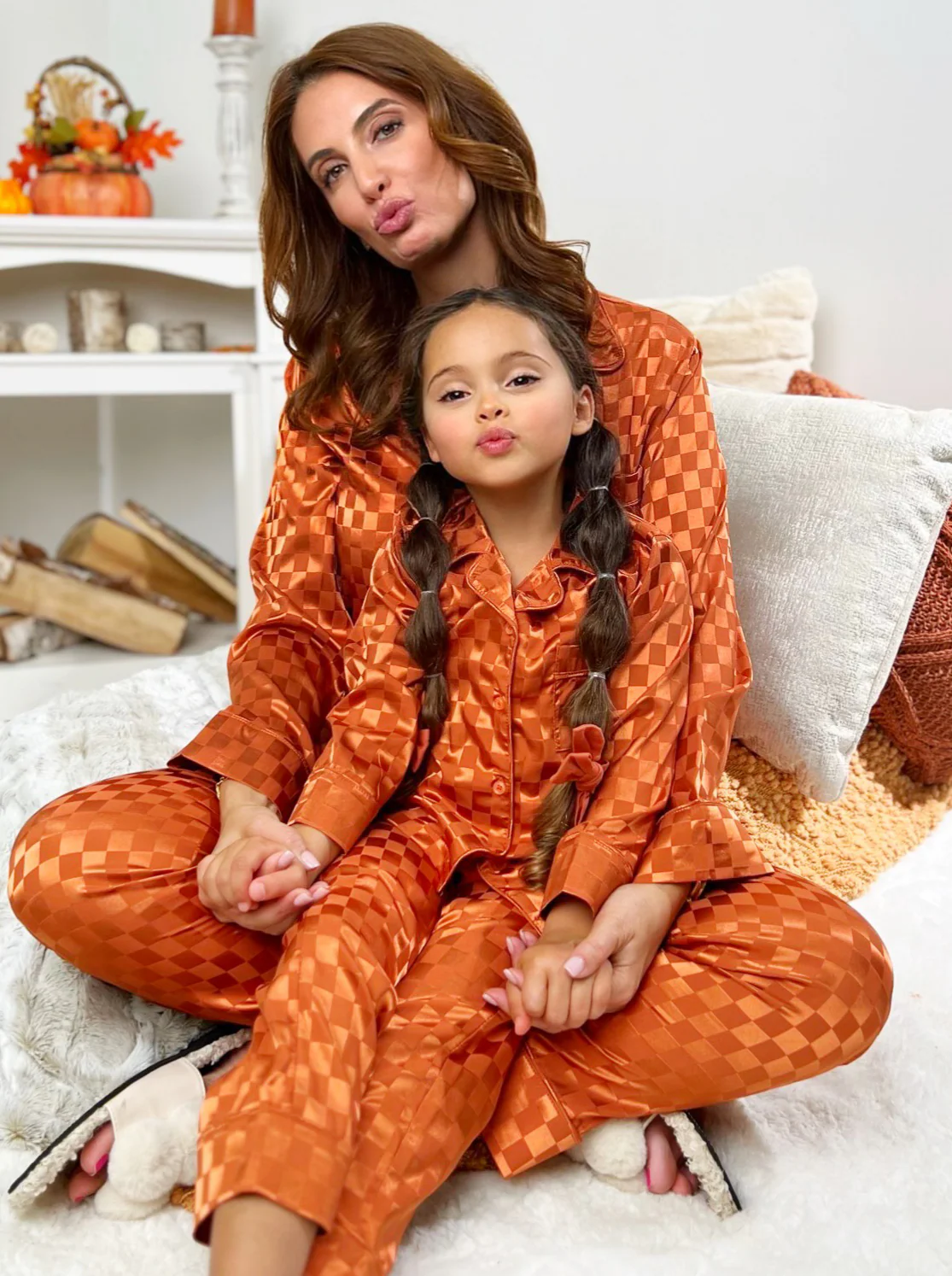 Mommy and Me Pumpkin Spice Checkered Silky Pajama Set - Image 2