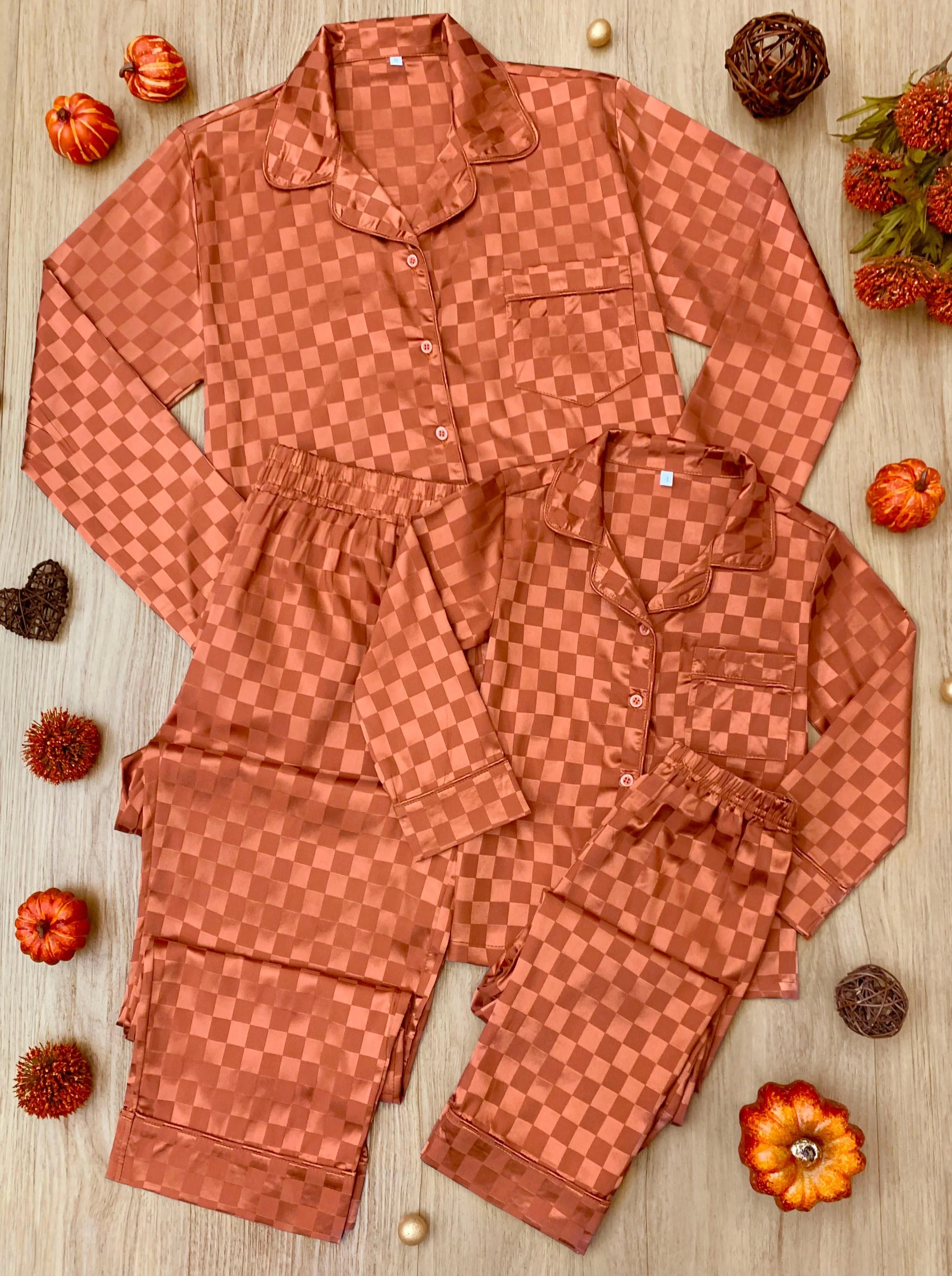 Mommy and Me Pumpkin Spice Checkered Silky Pajama Set - Image 3