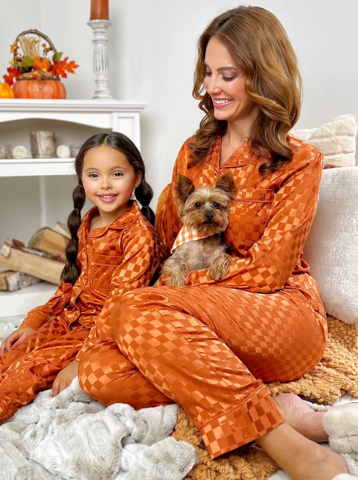 Mommy and Me Pumpkin Spice Checkered Silky Pajama Set - Image 5