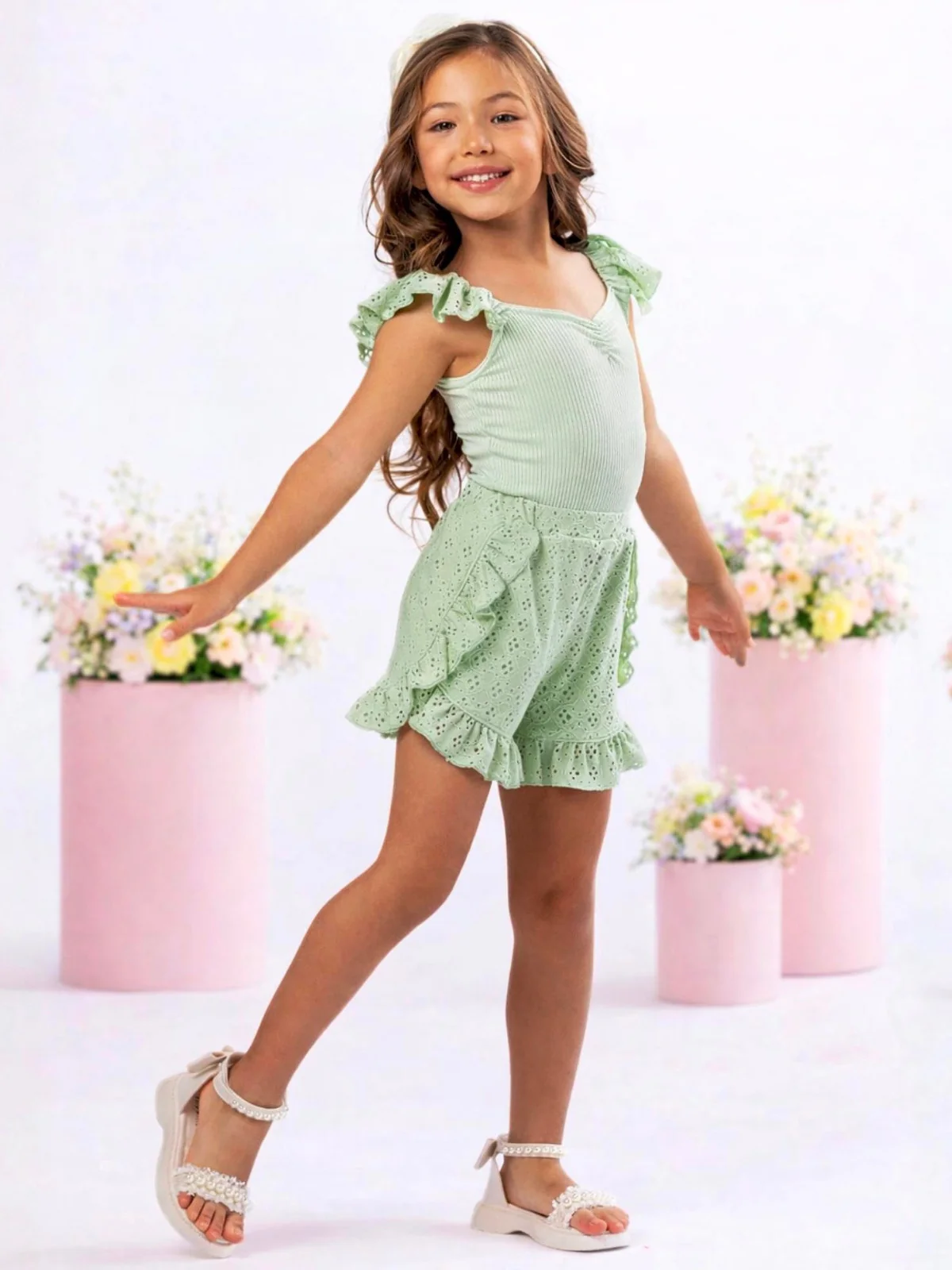 Sweet Breeze Sage Eyelet Ruffle Short Set - Image 2