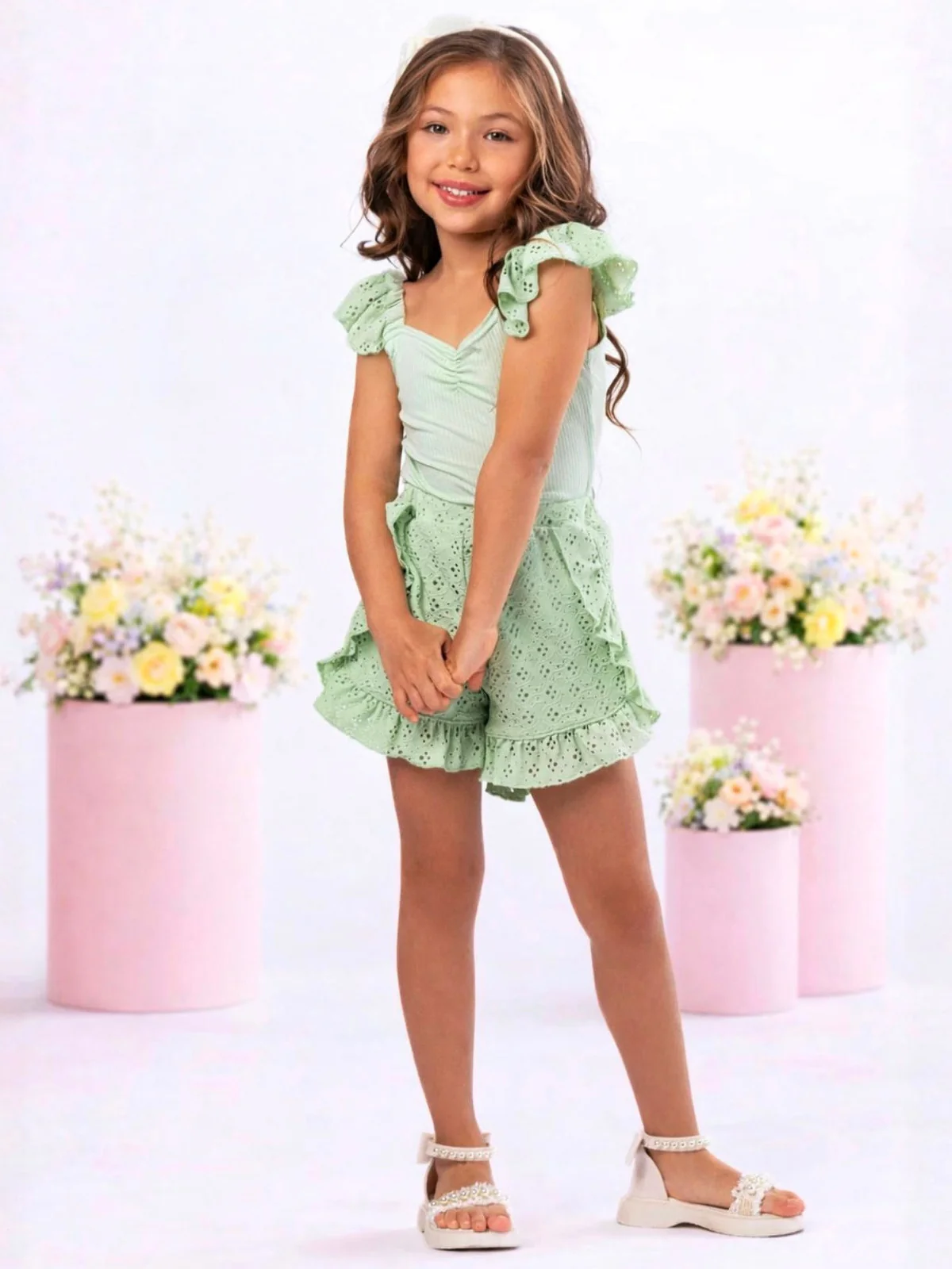 Sweet Breeze Sage Eyelet Ruffle Short Set - Image 4