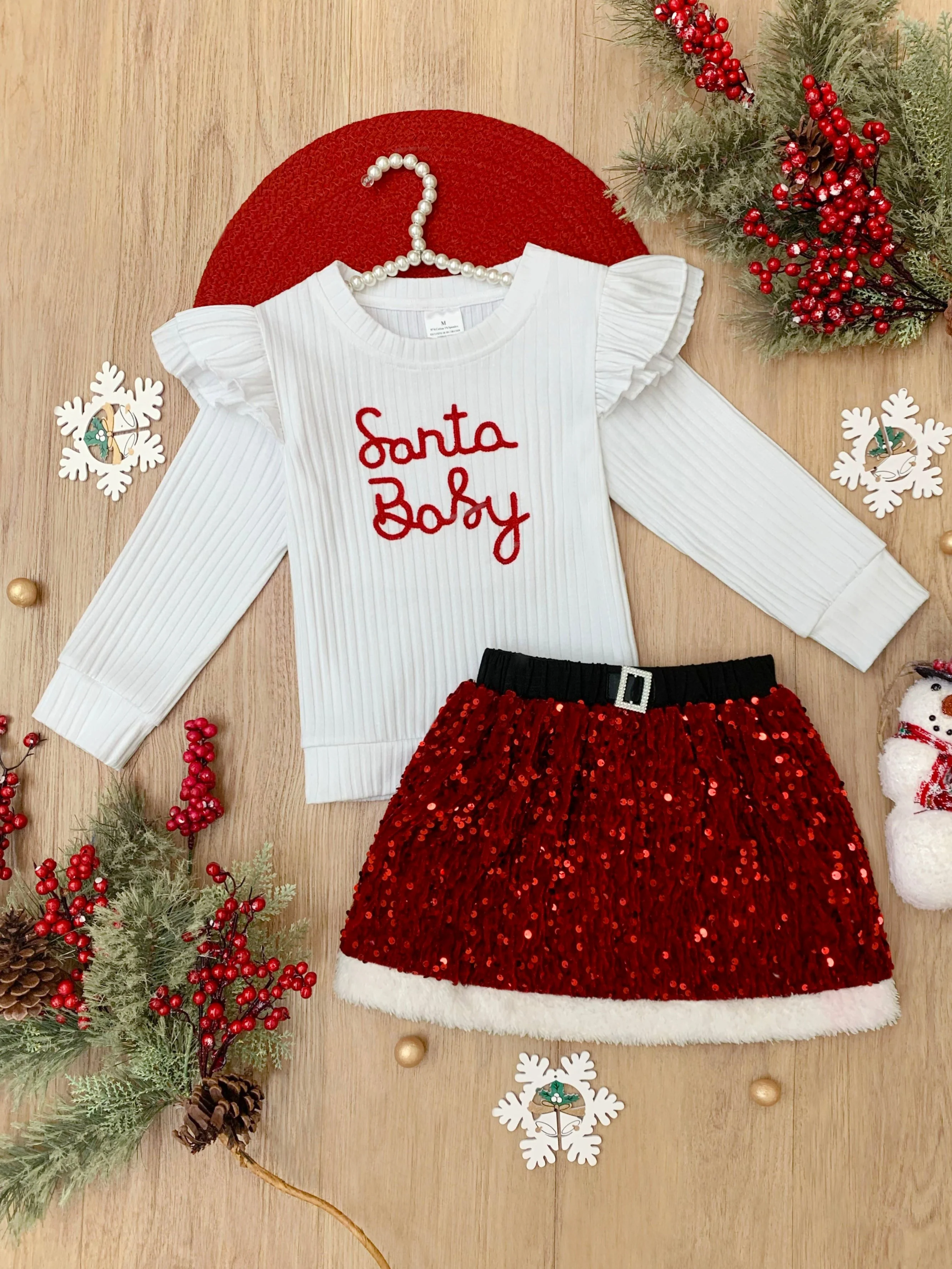 Santa Baby Ruffled Top and Sequin Skirt Set - Image 4