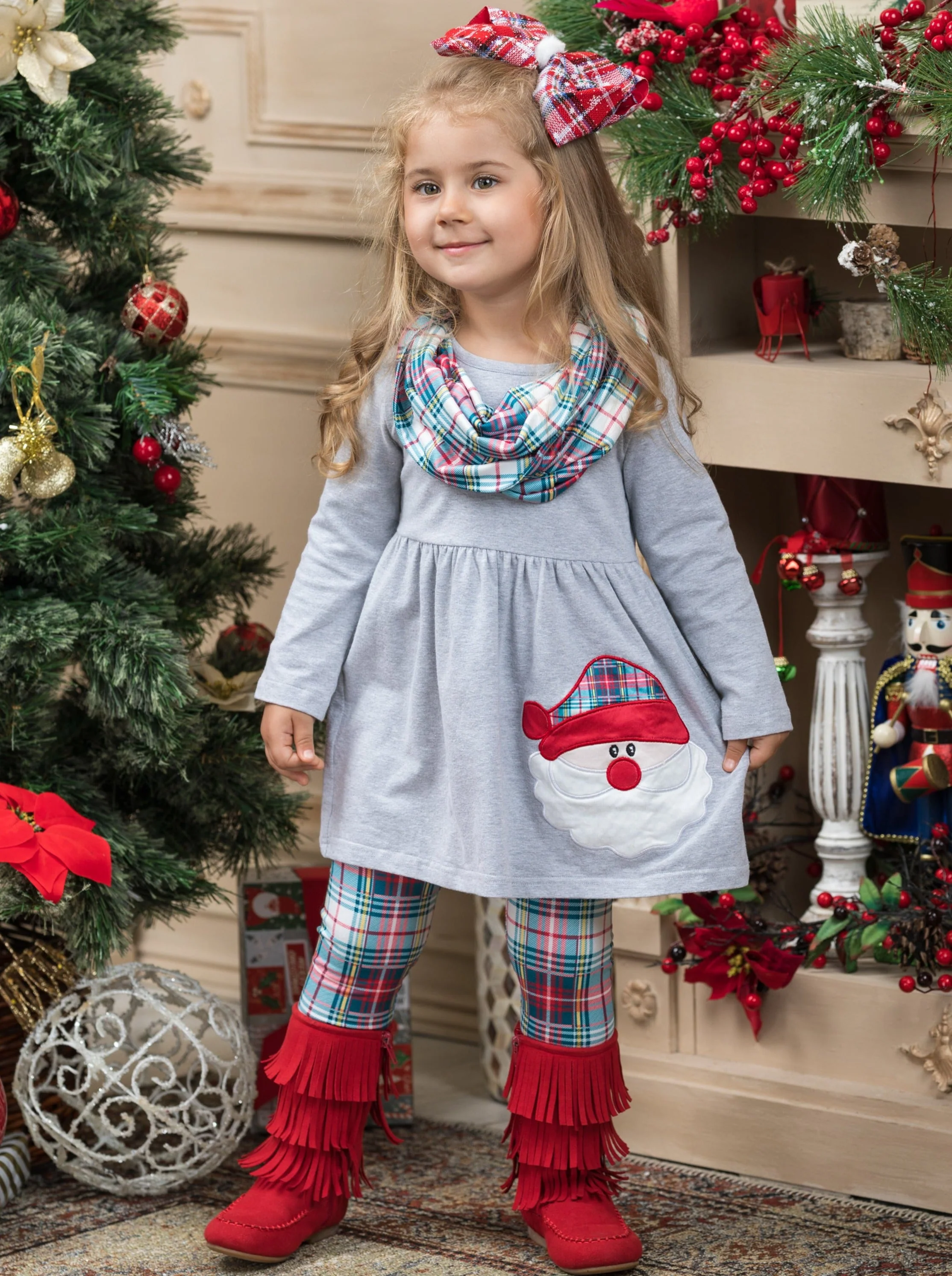 Santa Is The Best! Plaid Tunic, Scarf, and Legging Set - Image 2