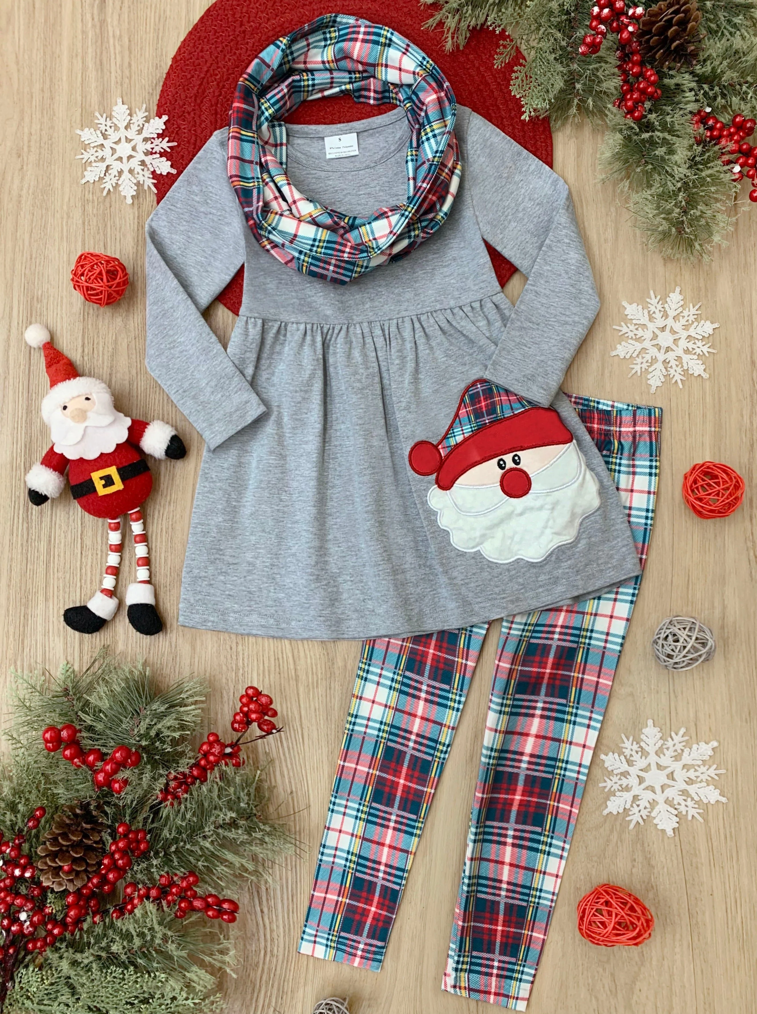 Santa Is The Best! Plaid Tunic, Scarf, and Legging Set - Image 3
