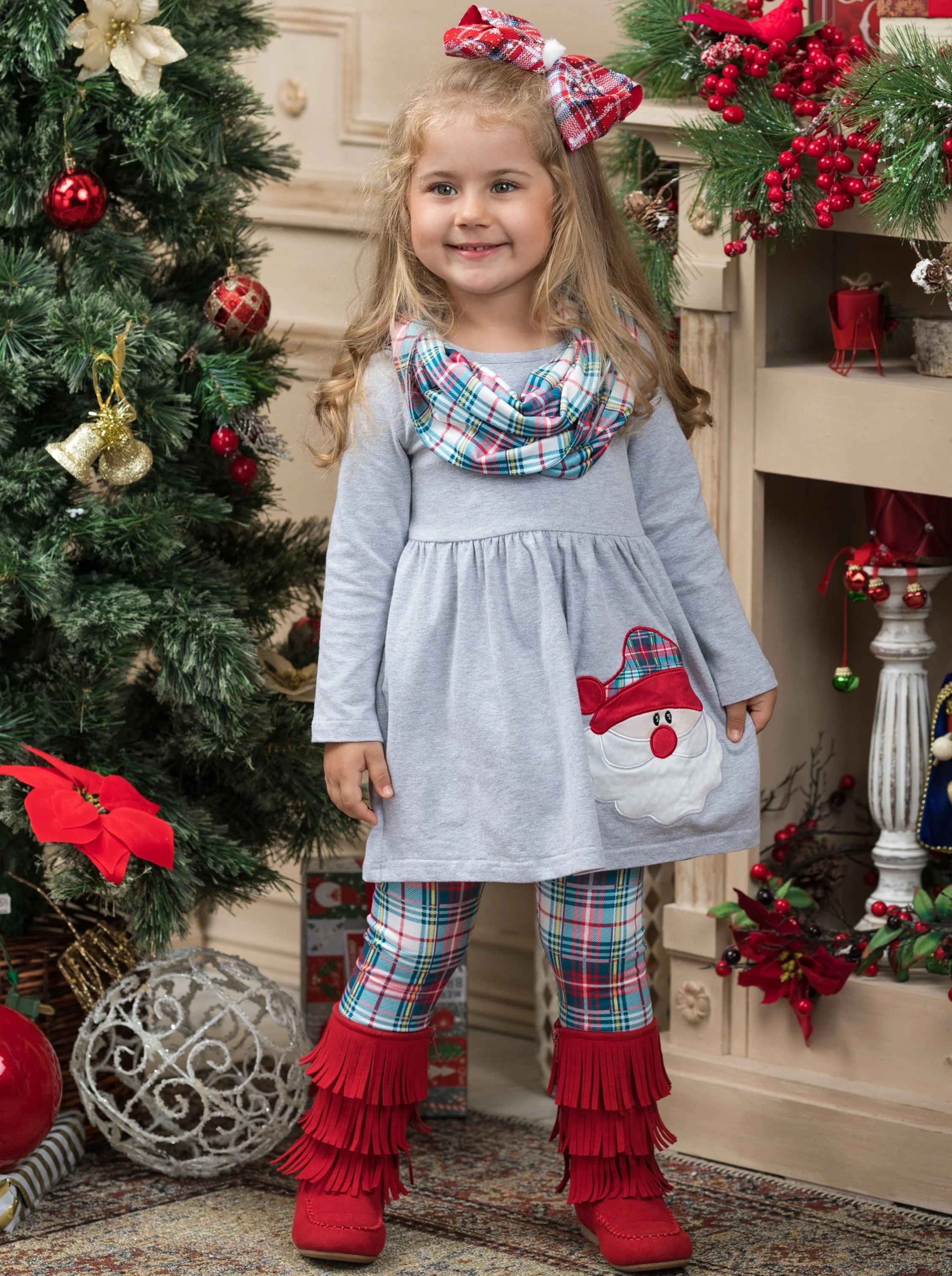 Santa Is The Best! Plaid Tunic, Scarf, and Legging Set - Image 4