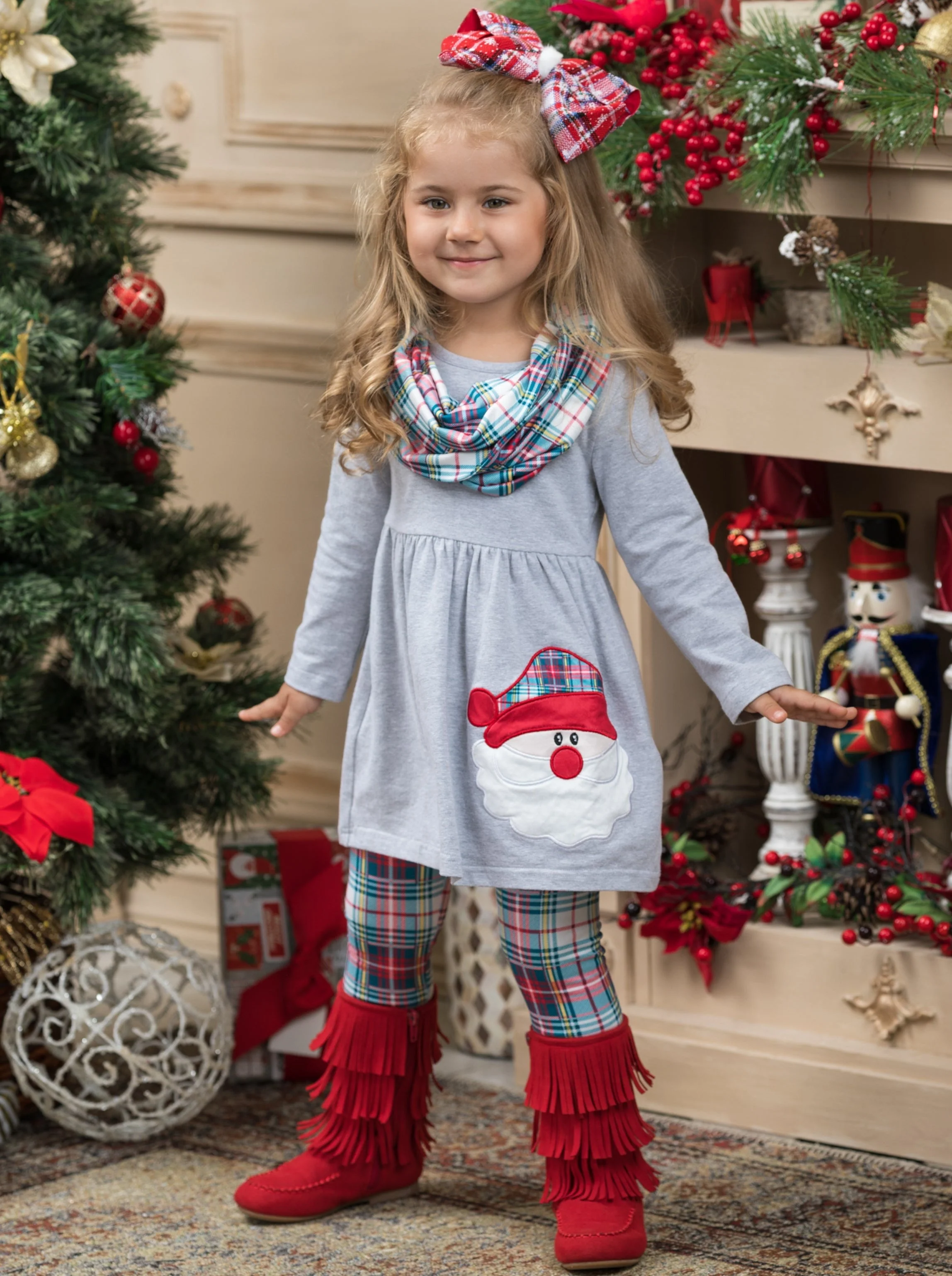 Santa Is The Best! Plaid Tunic, Scarf, and Legging Set - Image 5