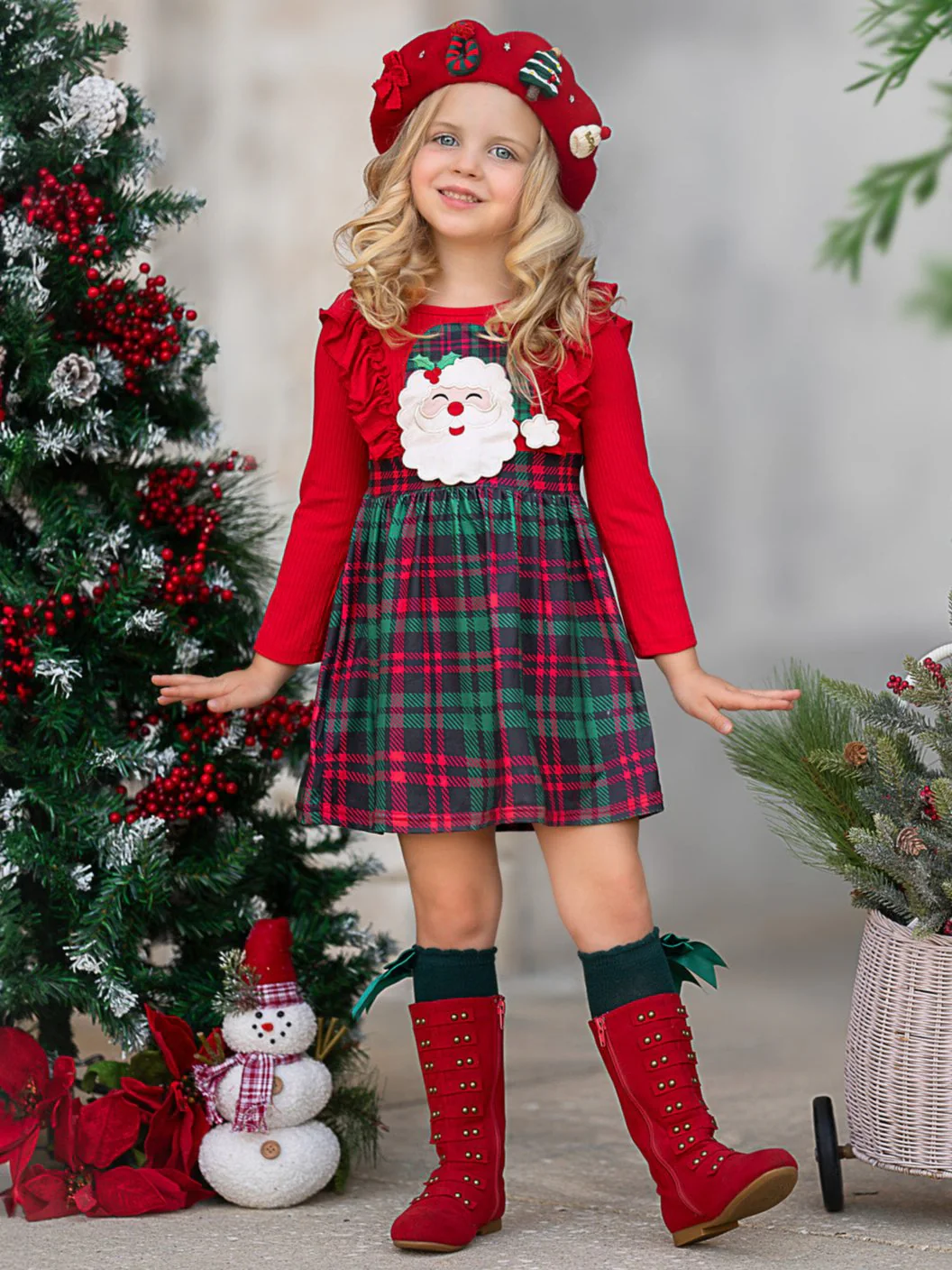 Santa Ruffled Plaid Long Sleeve Dress - Image 2