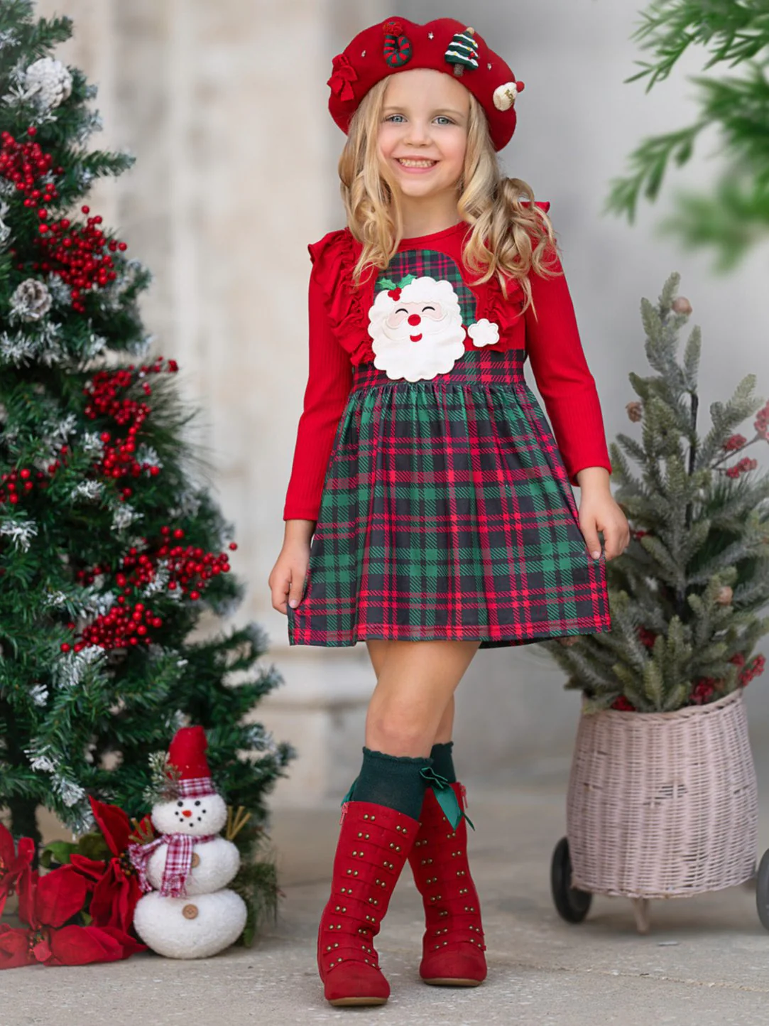 Santa Ruffled Plaid Long Sleeve Dress - Image 3