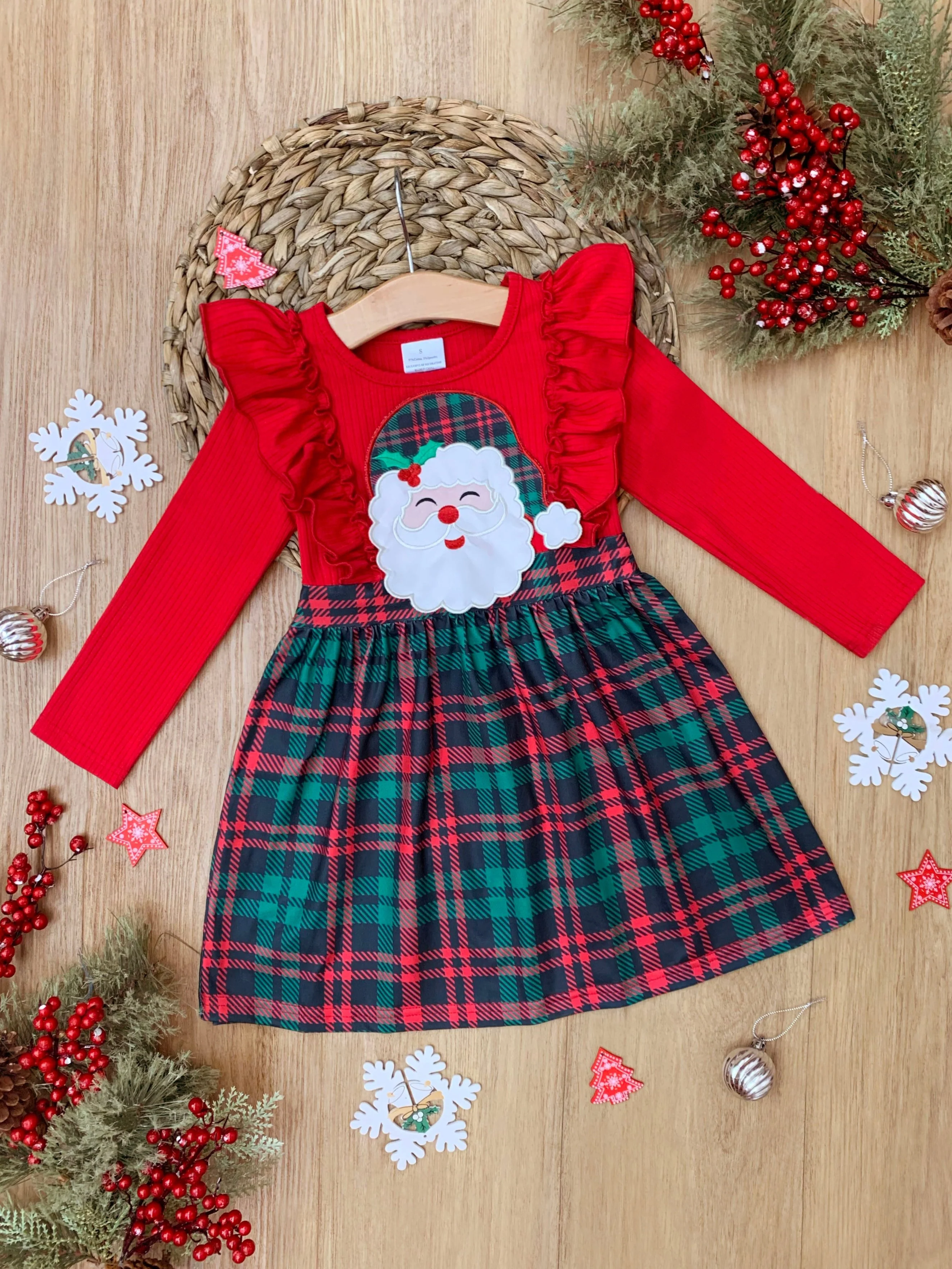 Santa Ruffled Plaid Long Sleeve Dress - Image 4