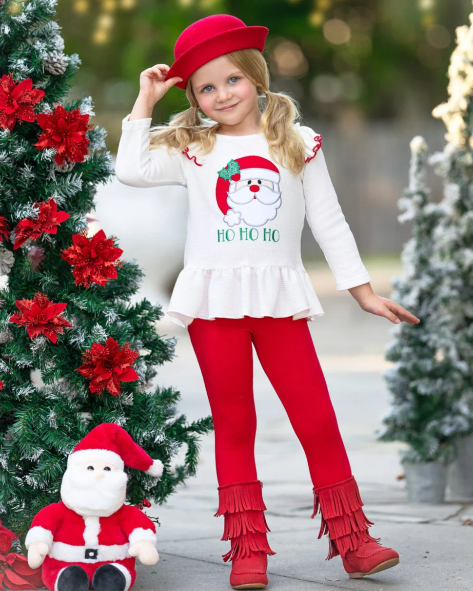 Santa Embroidered Ruffle Top and Legging Christmas Set - Image 2