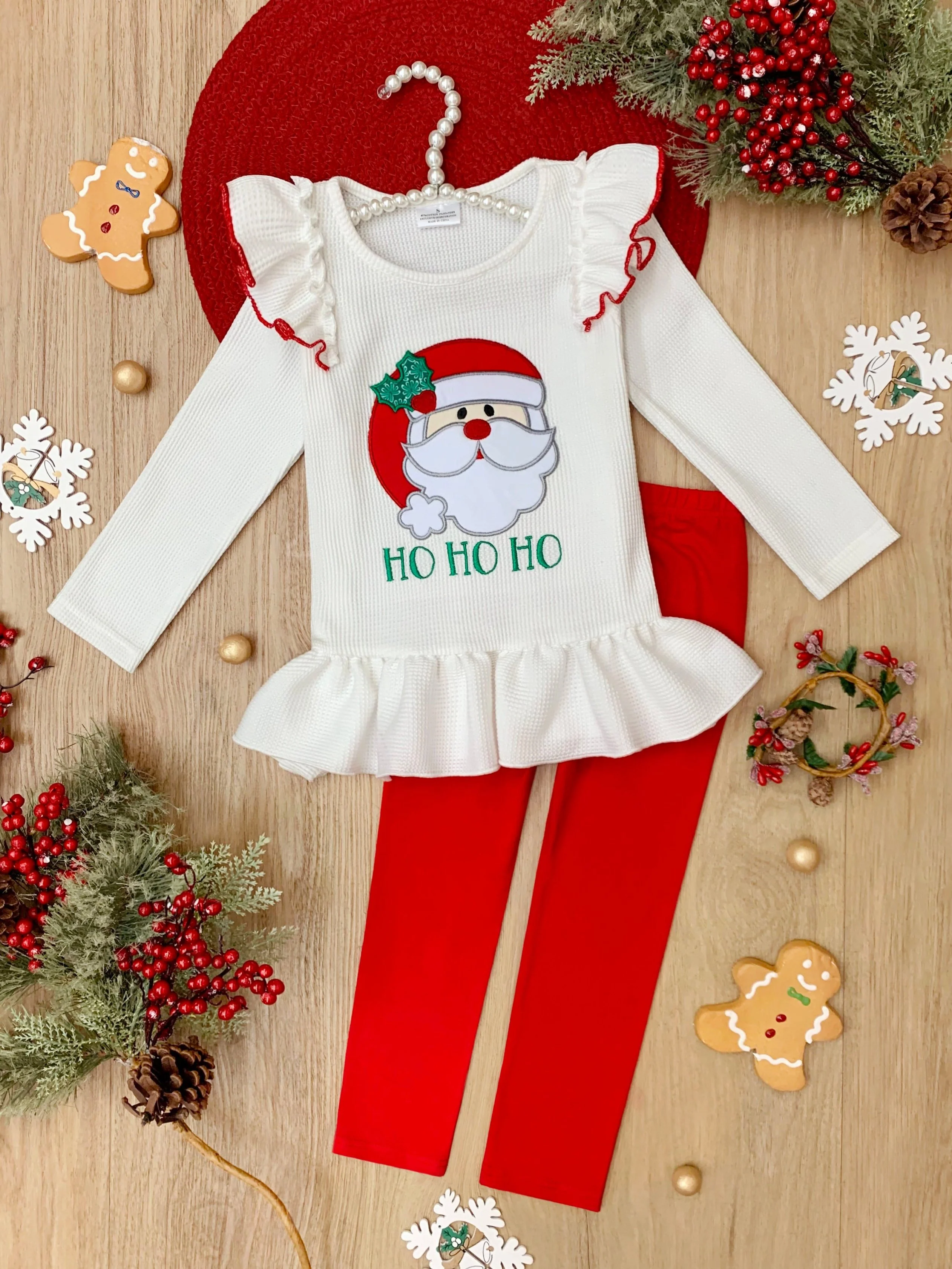 Santa Embroidered Ruffle Top and Legging Christmas Set - Image 4