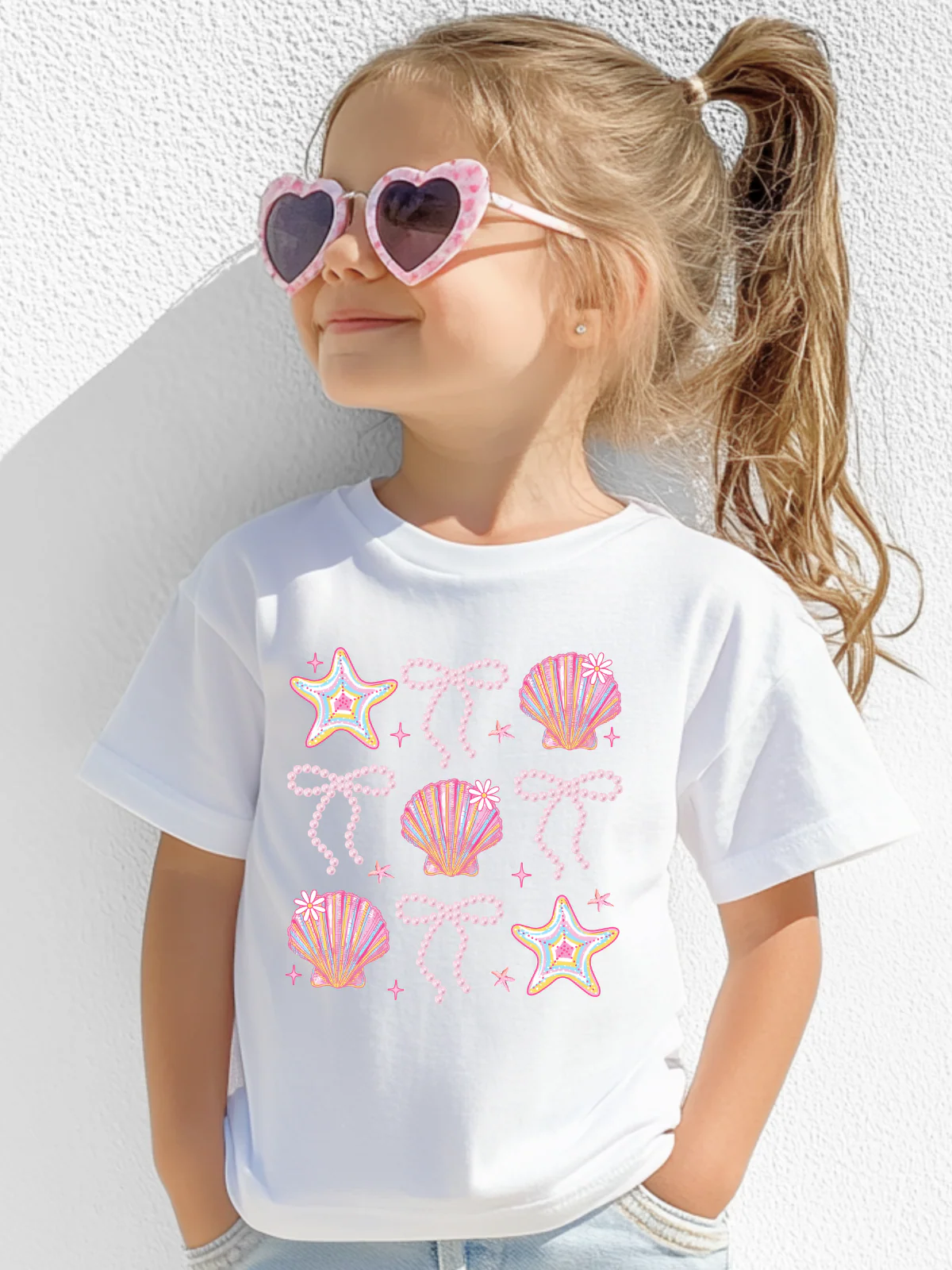 Sea Shell Sparkle Pastel Starfish & Pearly Bow Graphic Tee - Image 2