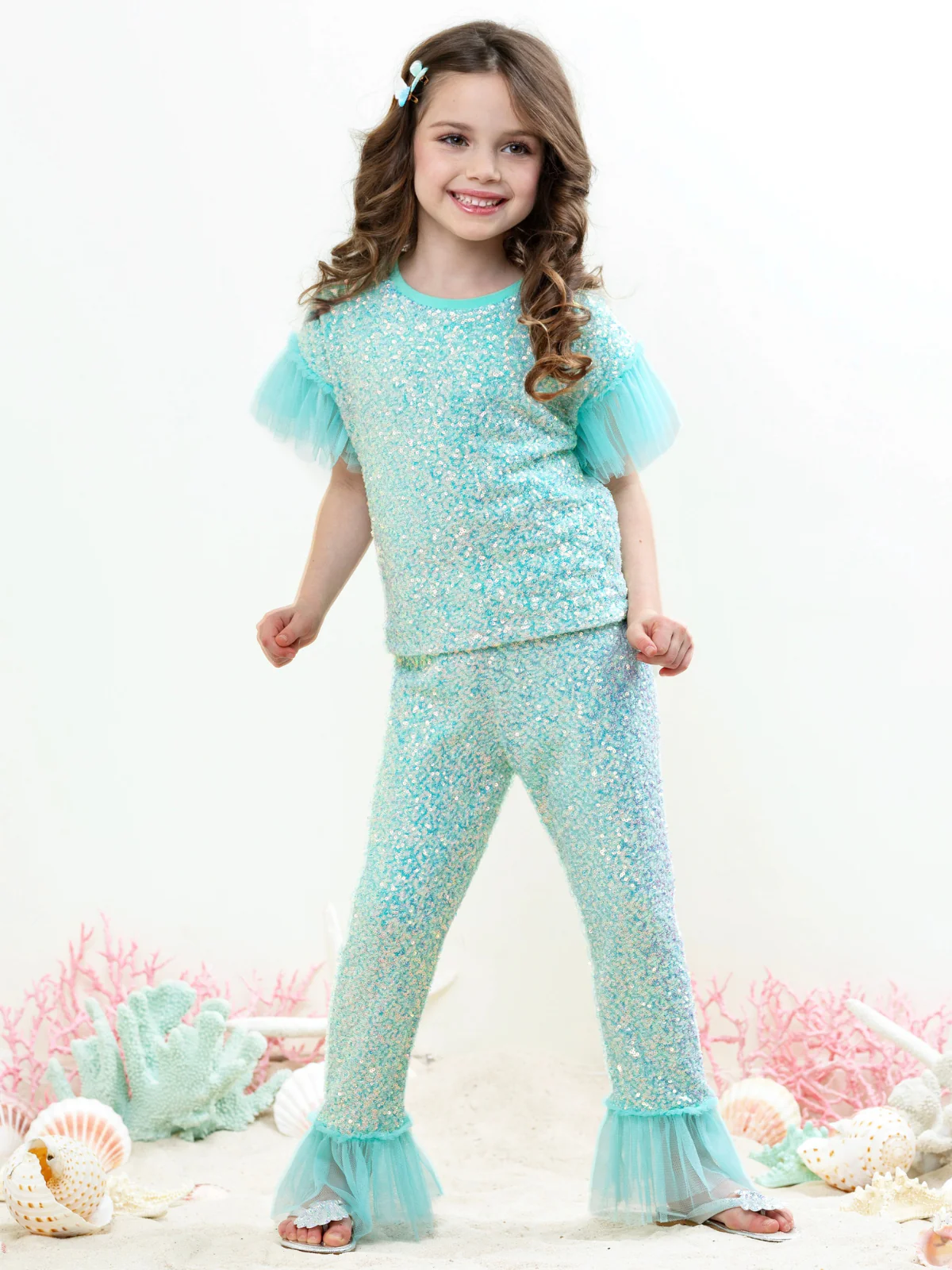 Seafoam Sparkle Top and Ruffle Pant Set - Image 3