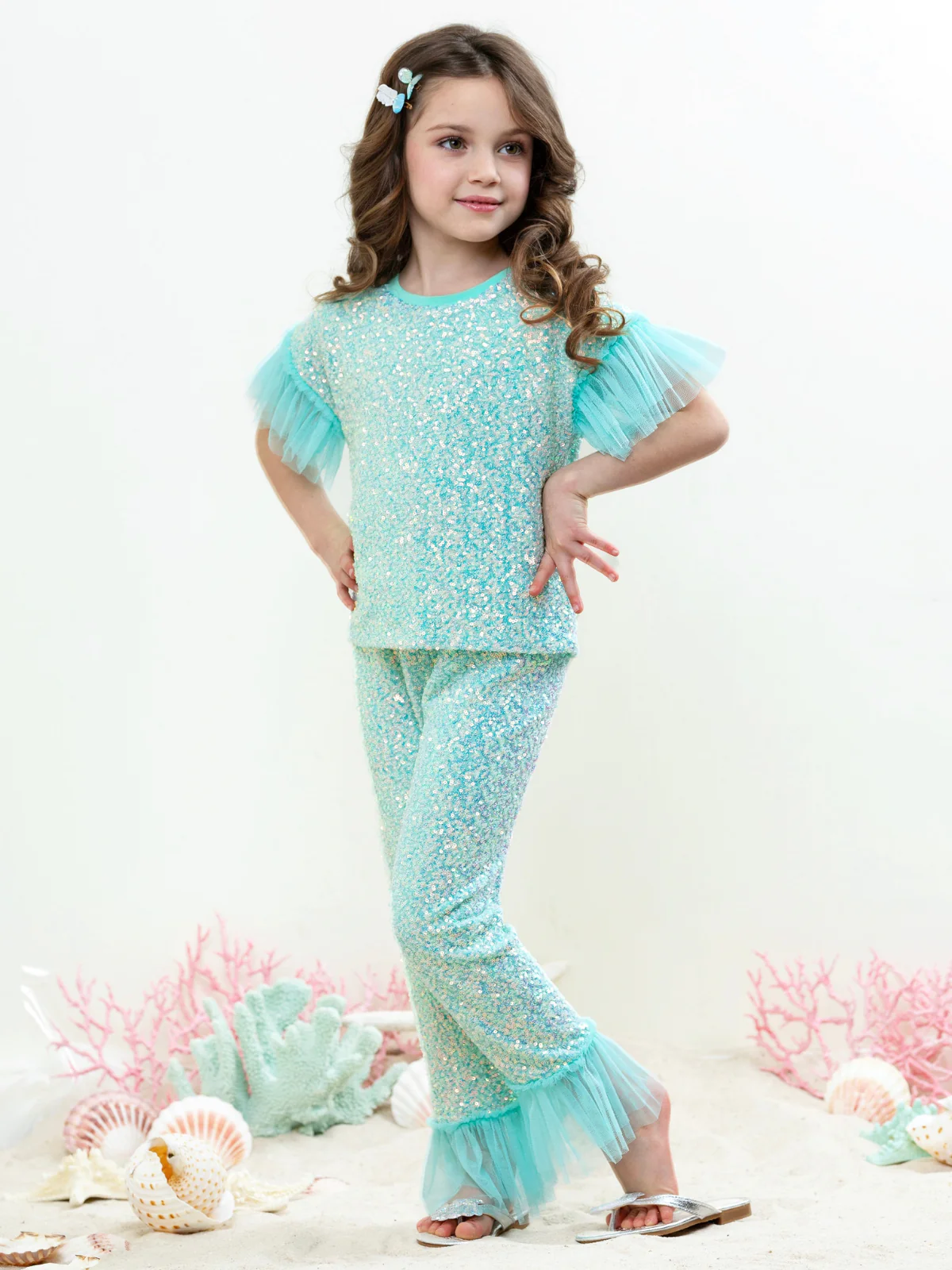 Seafoam Sparkle Top and Ruffle Pant Set - Image 4