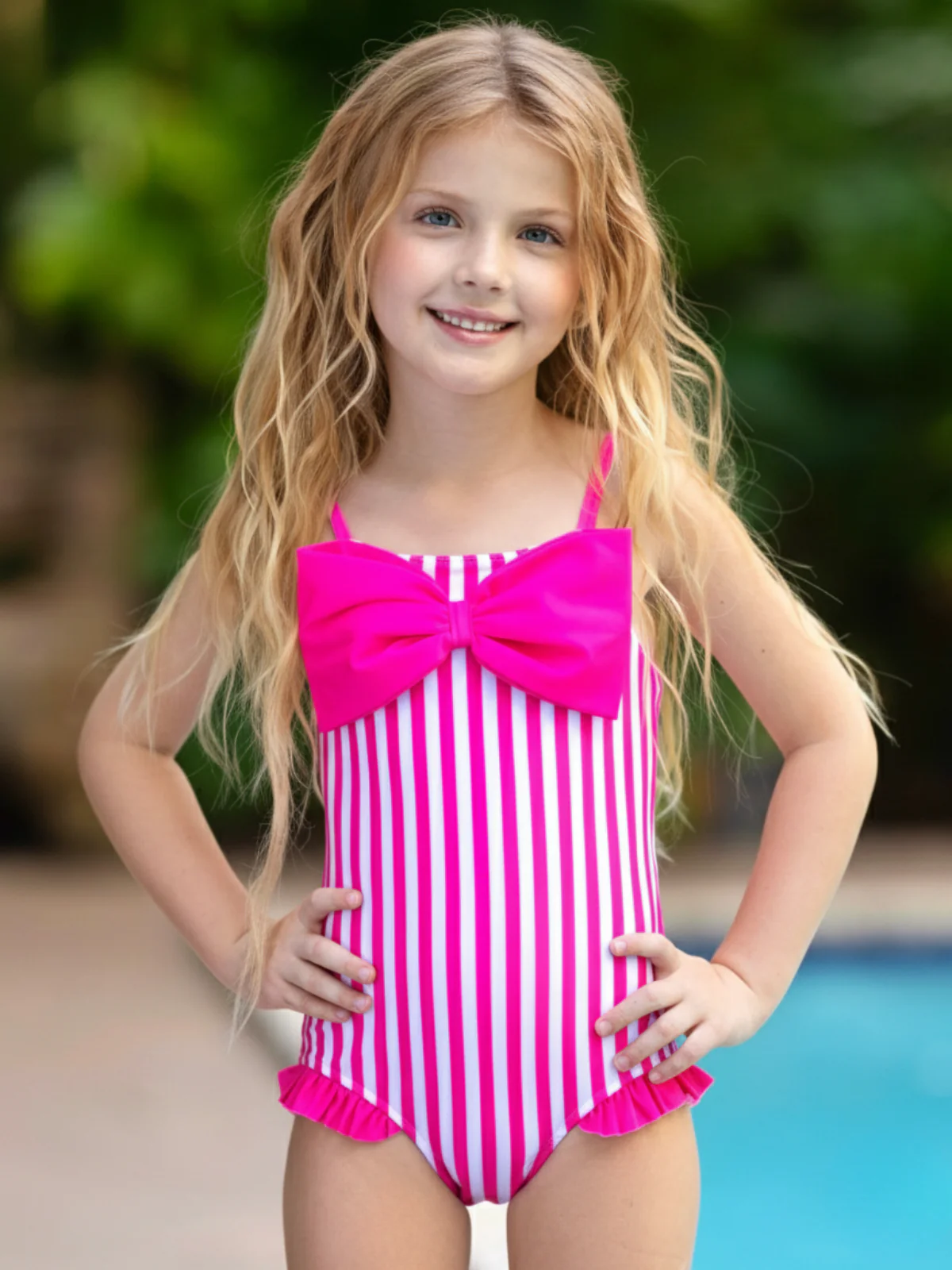 Seaside Stripes Pink Bow One-Piece Swimsuit - Image 2